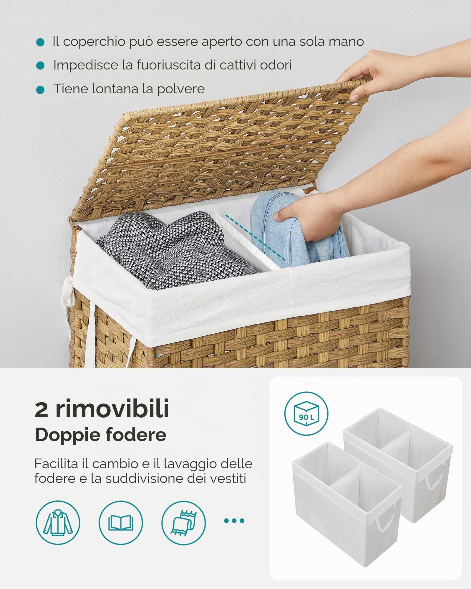 SONGMICS Cesto portabiancheria con coperchio, cesto per biancheria da 90 l, con 2 sacchetti rimovibili e 6 sacchetti in rete, cesto portabiancheria in vimini, doppio cesto portabiancheria per bagno,