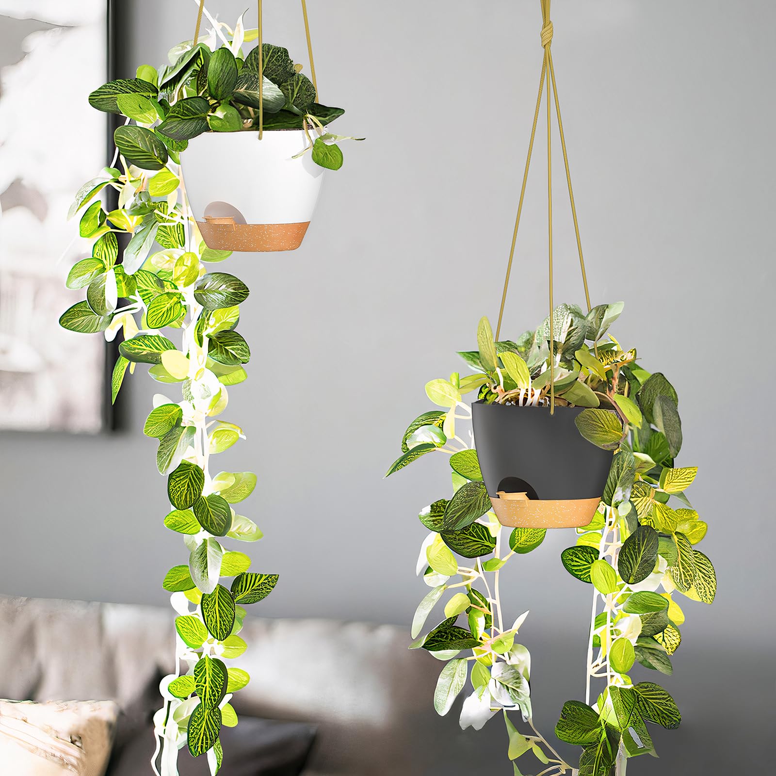 ZMTECH Lot de 2 pots de fleurs suspendus de 16,5 cm pour intérieur et extérieur – Pots de fleurs en plastique à arrosage automatique avec trous de drainage et soucoupe amovible (noir)