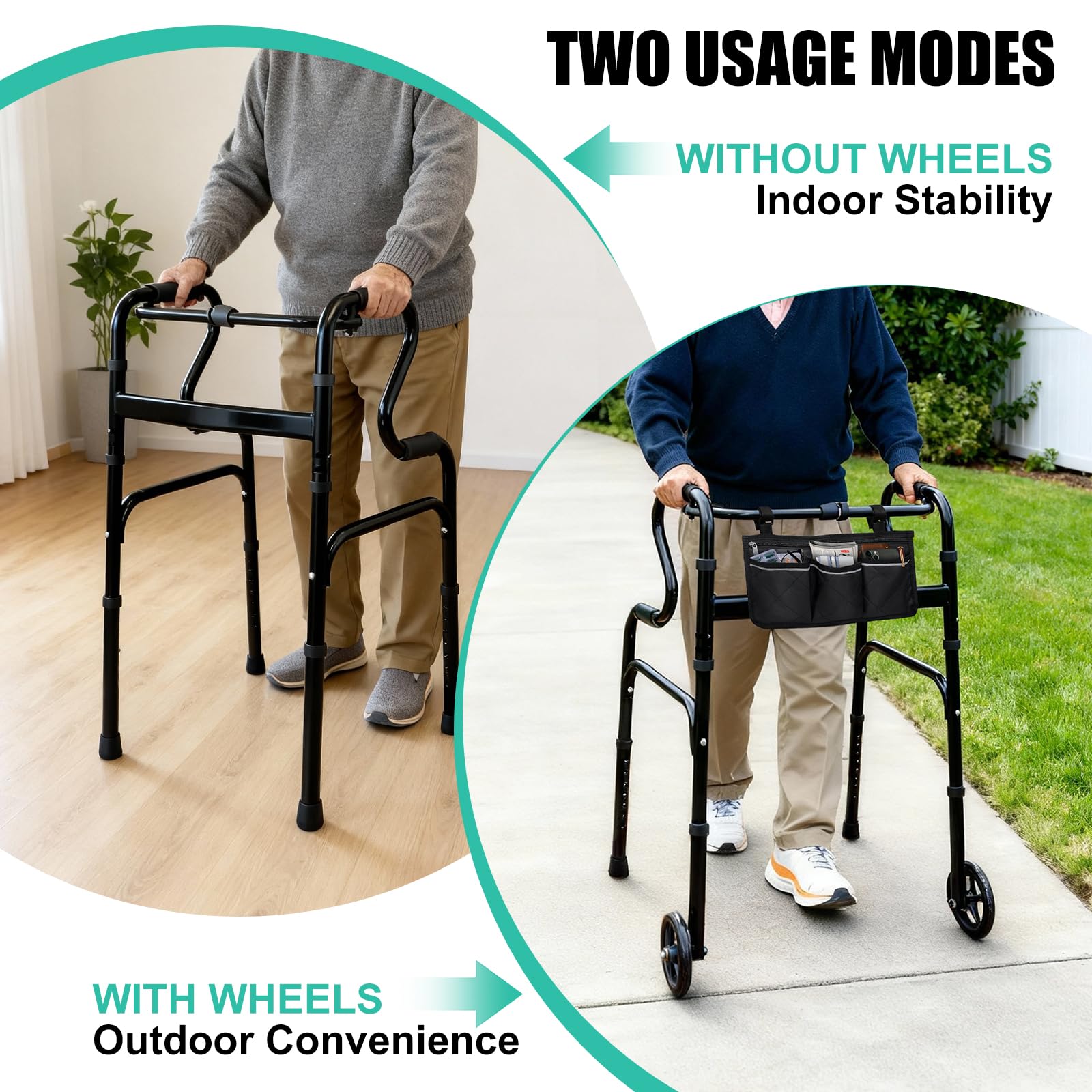Marco de pasamanos escalonado negro con ruedas, marco plegable de aluminio para personas mayores, andador plegable de altura ajustable para personas mayores, marco ligero Zimmer, 2 ruedas con