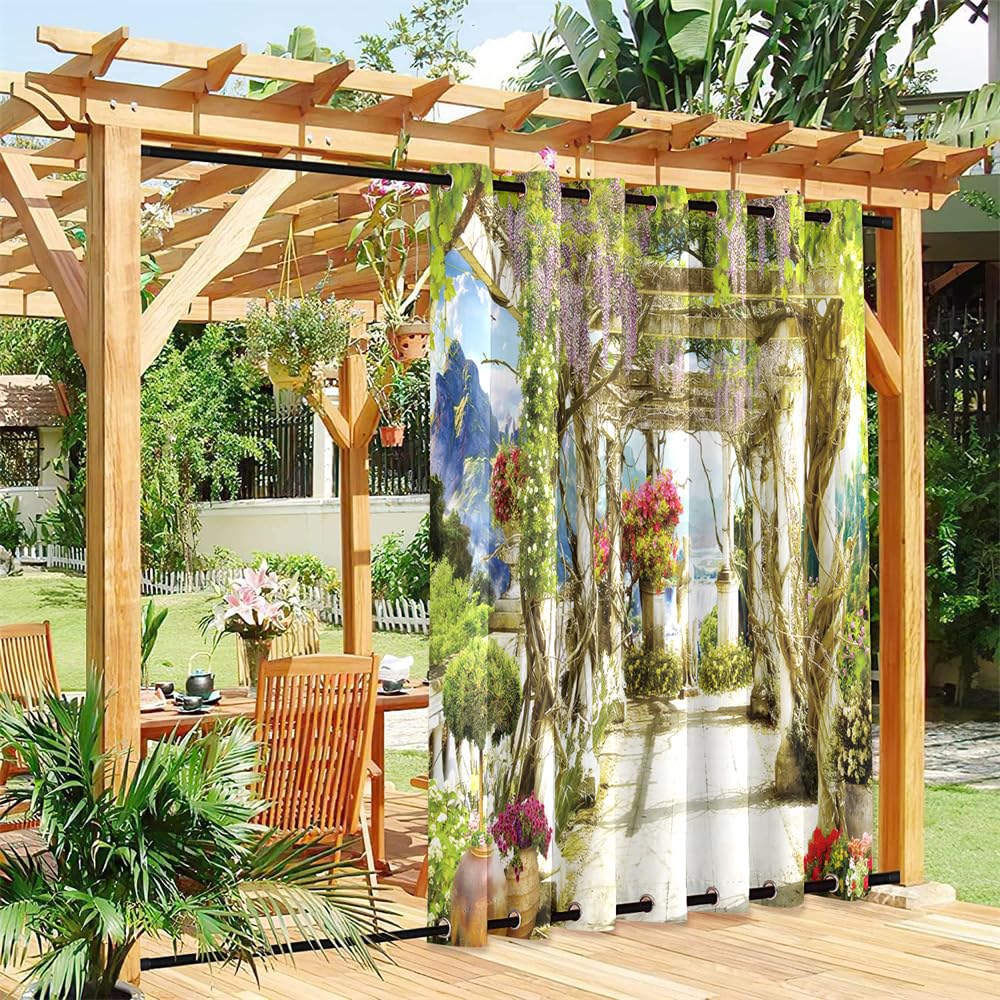 Hixingo Outdoor Curtains Waterproof Windproof, Gazebo Curtains with Grommet (Top & Bottom) for Pergola Patio Garden, Sun Protection, Extra Long - 3D Plant Print (courtyard,180x213cm)