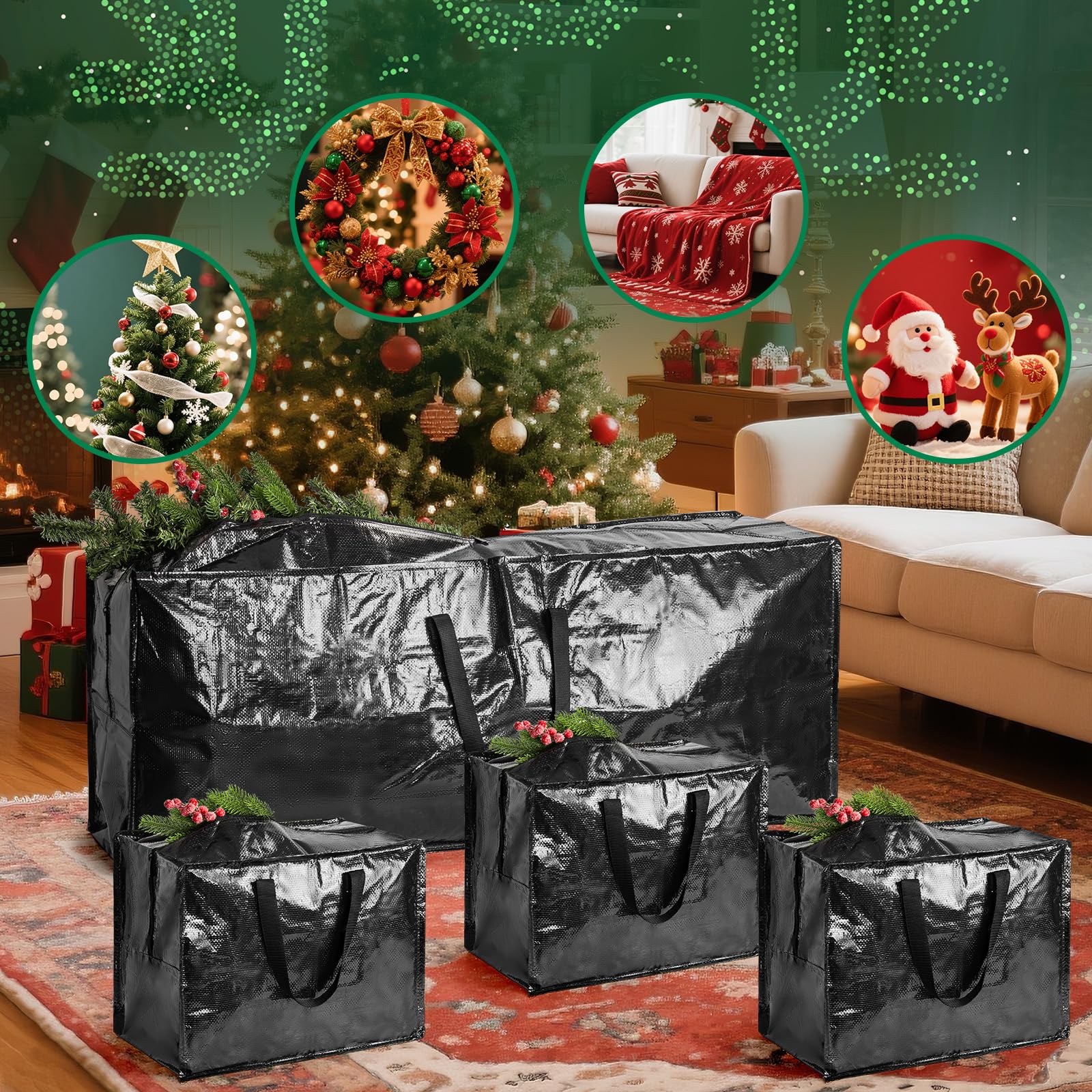 Set di 4 sacchetti per albero di Natale, impermeabili, organizer per alberi sezionali, decorazioni, luci e confezioni regalo, con manici rinforzati e cerniera resistente
