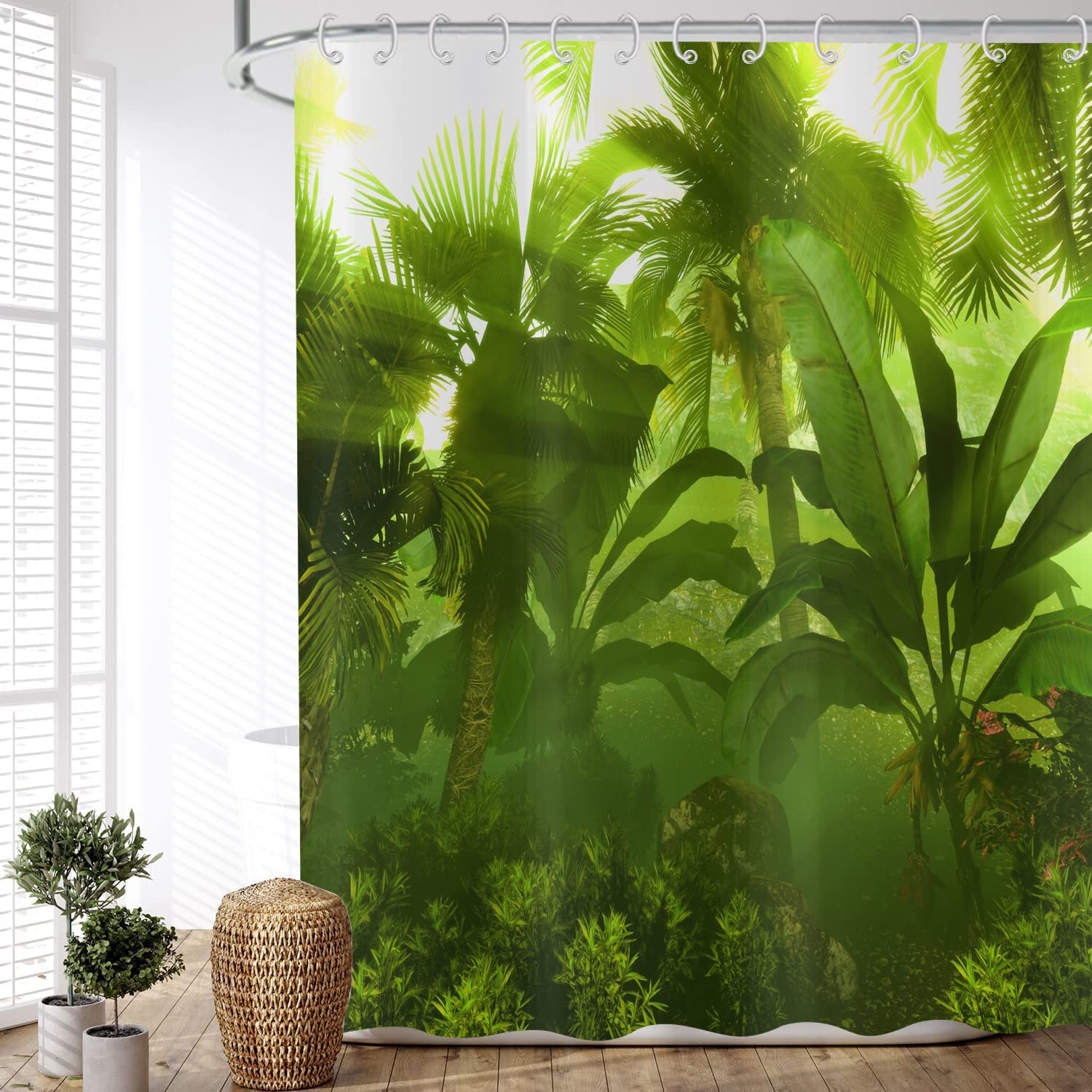 ASDCXZ Shower Curtain Forest 180x240 cm, Natural Landscape Green Forest Sunshine Motif Waterproof Textile Bath Shower Curtains Washable Polyester Fabric Shower Curtain for Bathtub with 12 Hooks — image 1