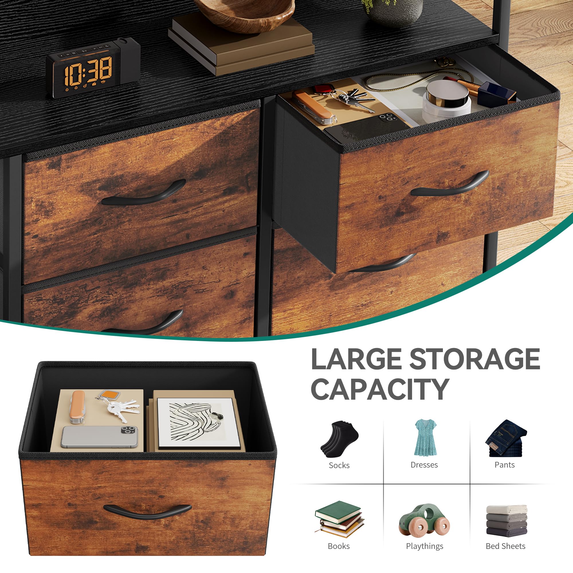 DWVO Kommode Schlafzimmer, Kommode mit 7 Stoffschubladen, 2 Steckdosen, 2 USB-Anschlüssen, TV-Schrank mit seitlichen Haken, rustikales Braun