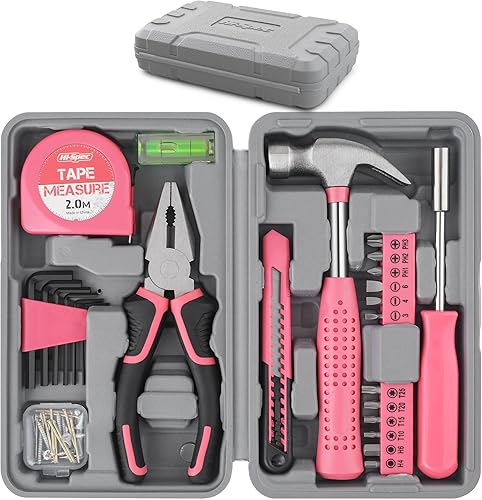 Miniatura 1 de Hi-Spec Juego de herramientas de 25 piezas rosa para el hogar DIY Kit de herramientas para mujeres. Pequeña caja de herramientas Mini juego de