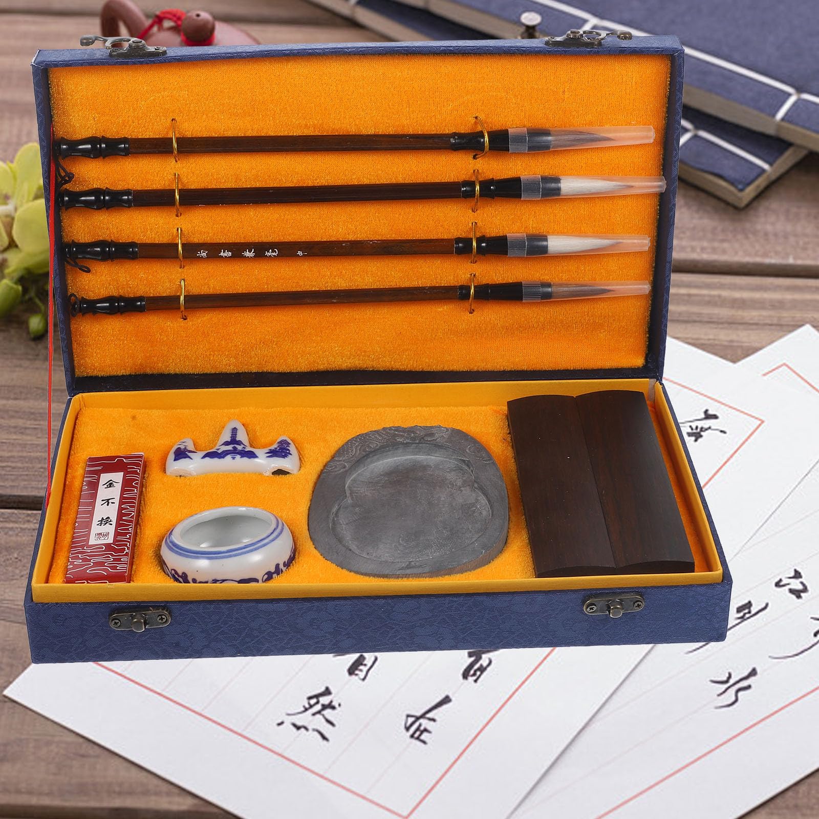 Pennelli Calligrafia Set 1 in Legno Portatile con Stick di Inchiostro, Kit per Pratica di Scrittura e Pittura per Artisti
