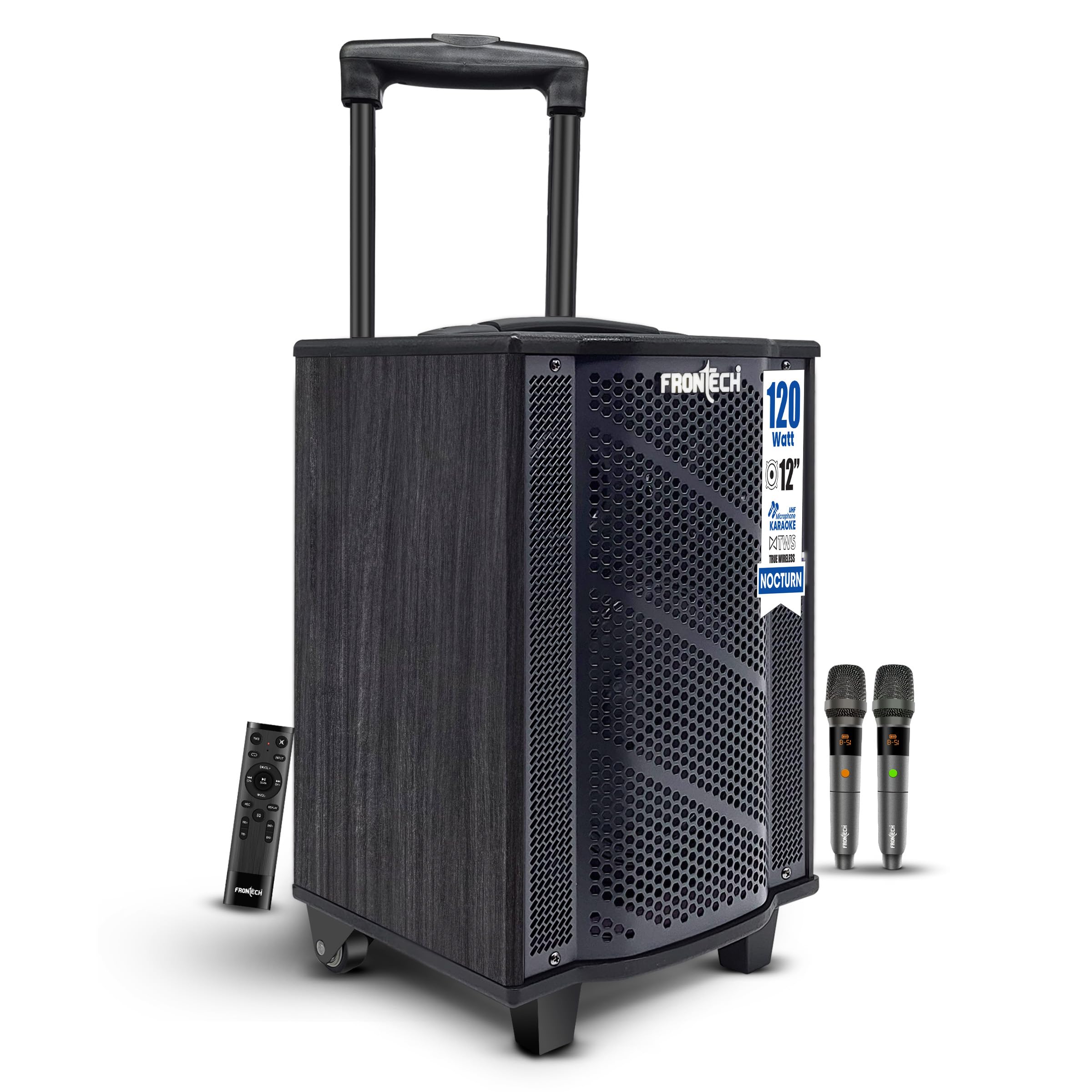 FRONTECH Nocturn Trolley Speaker | 120W Powerful Sound | Dual Wireless Microphones | USB/TF/Bluetooth/FM | Guitar & MIC Input | Rechargeable Battery (SW-0210, Black)-picture-25