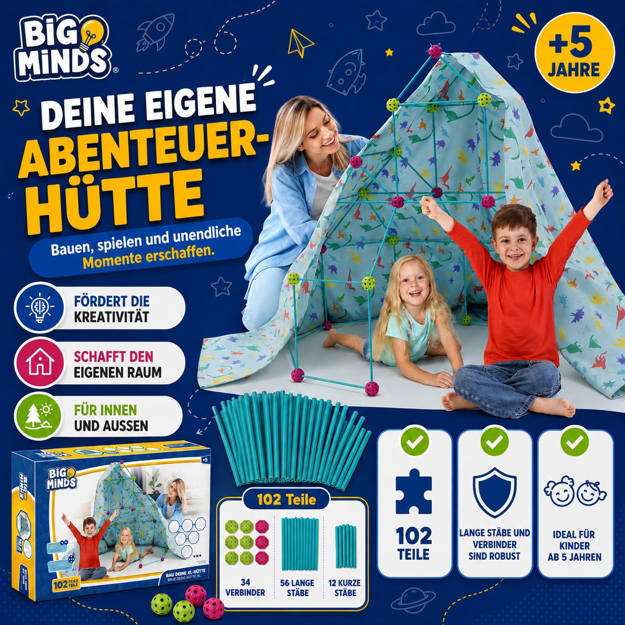 Höhle Bauen Kinder XL | Outdoor Spiele Für Kinder | Konstruktionsspielzeug 102 Stück | Kinderzelt Indoor Stem | Outdoor Spielzeug | Spielzeug Ab 6 Jahre Jungen