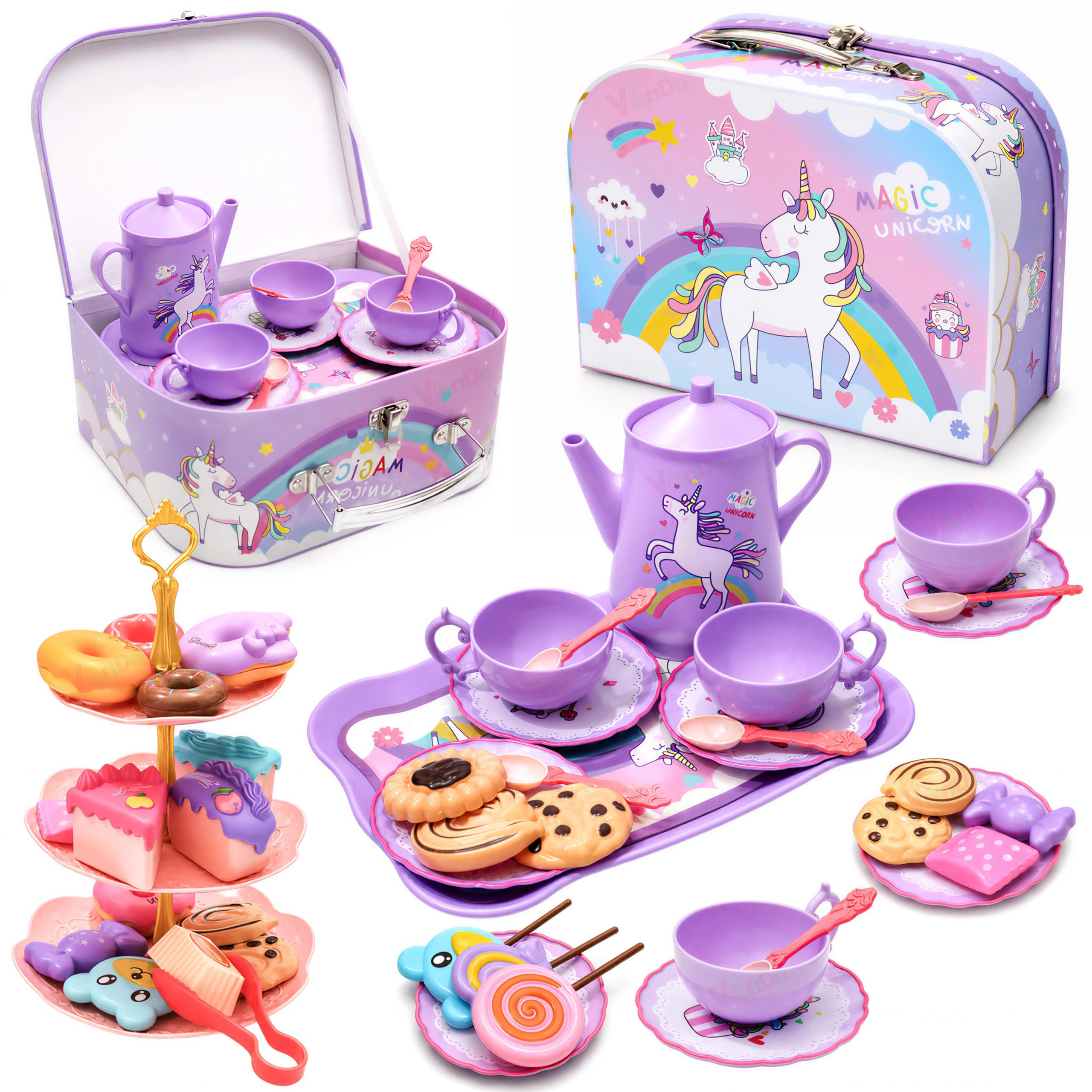 VikriDA 48Pcs Tea Set, Kids Pretend Toy Tin Tea Set and Carrying Case,Rainbow Magic Unicorn Design for Girls Princess Boys 3-6-picture-10