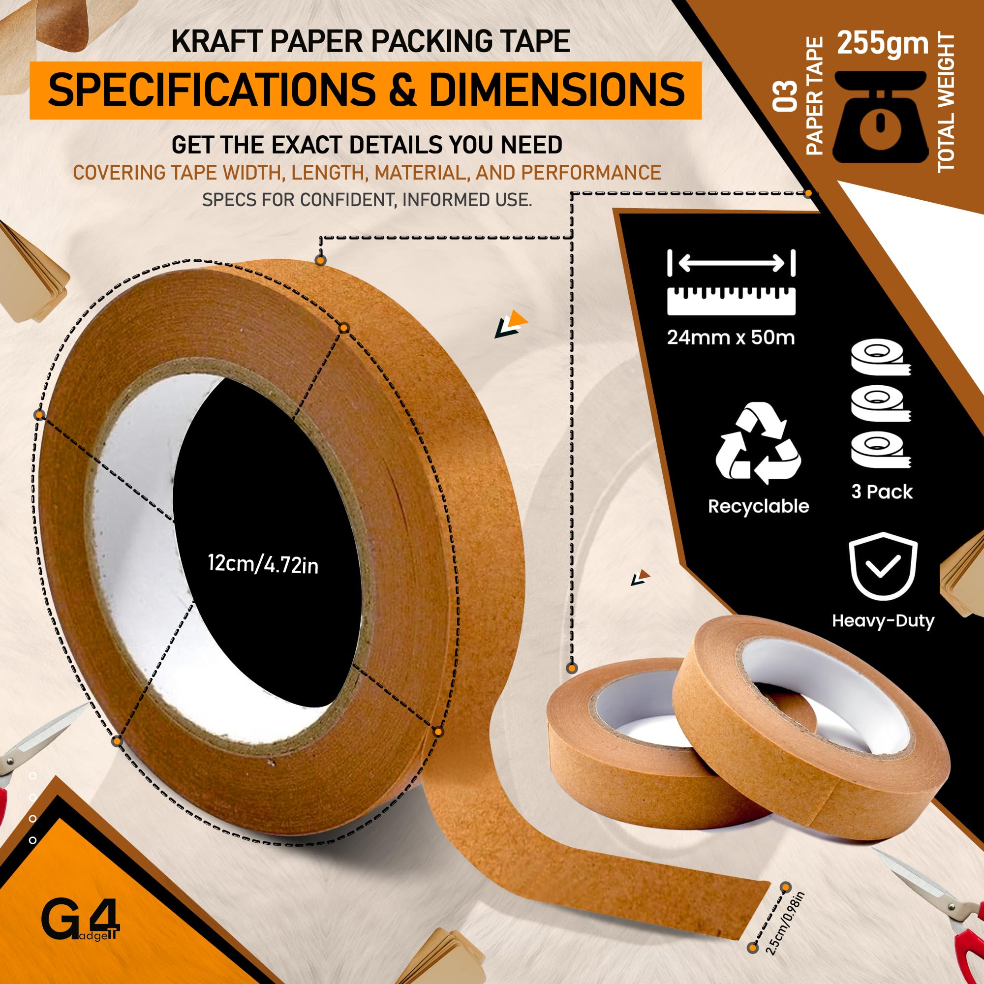 G4GADGET 3 Rolls Kraft Paper Tape 24mm x 50m, brown - Image 4
