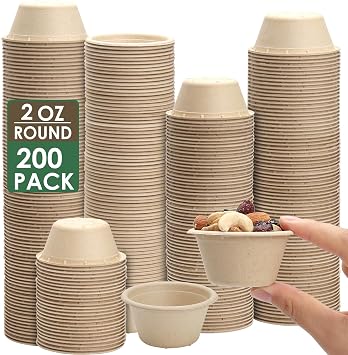 2 oz Compostable Portion Cups,200 Pack Disposable Souffle Cups,Biodegradable Condiment Cups,Bagasse Fiber Sample Portion Cups,Sample Cups Tasting Cups for Jello Shot,Souffle,Condiment,Sauce Natural