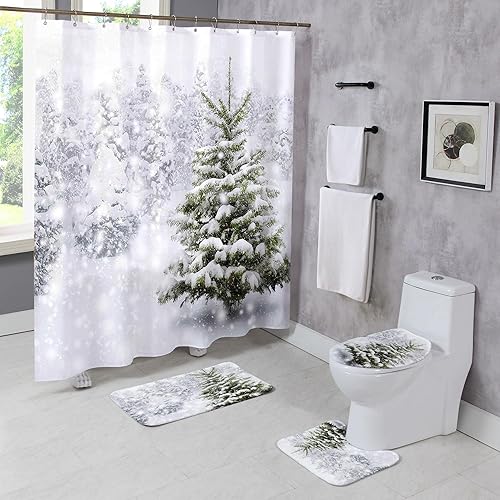 Moladika Juego de 4 cortinas de ducha de invierno de Navidad con alfombras, bosque natural nevado, juego de baño, árbol de Navidad, decoración de