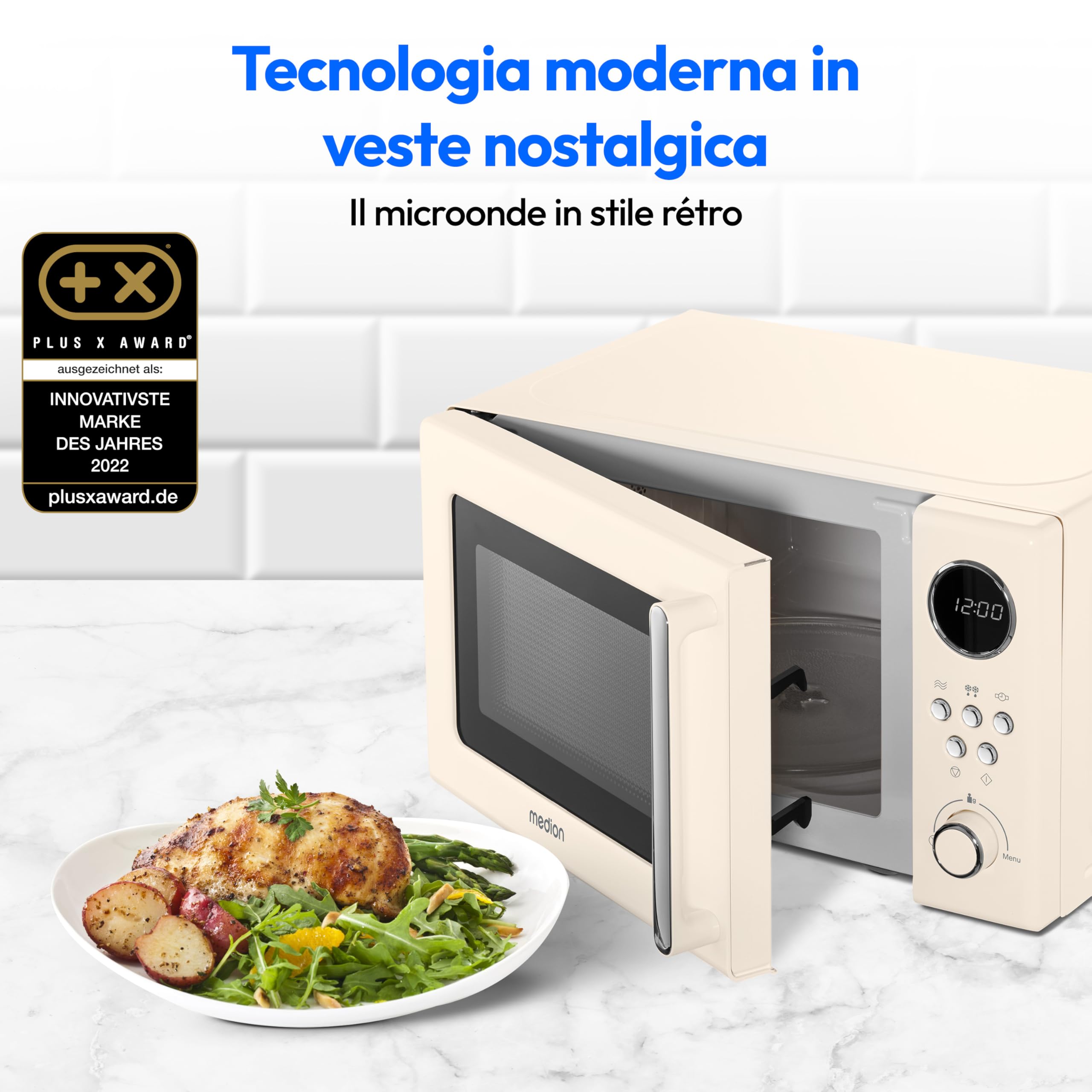 MEDION retro microonde (20 litri, circa 800 watt, 5 impostazioni microonde, 8 programmi automatici, display digitale, funzione scongelamento, compatto, MD15000) beige