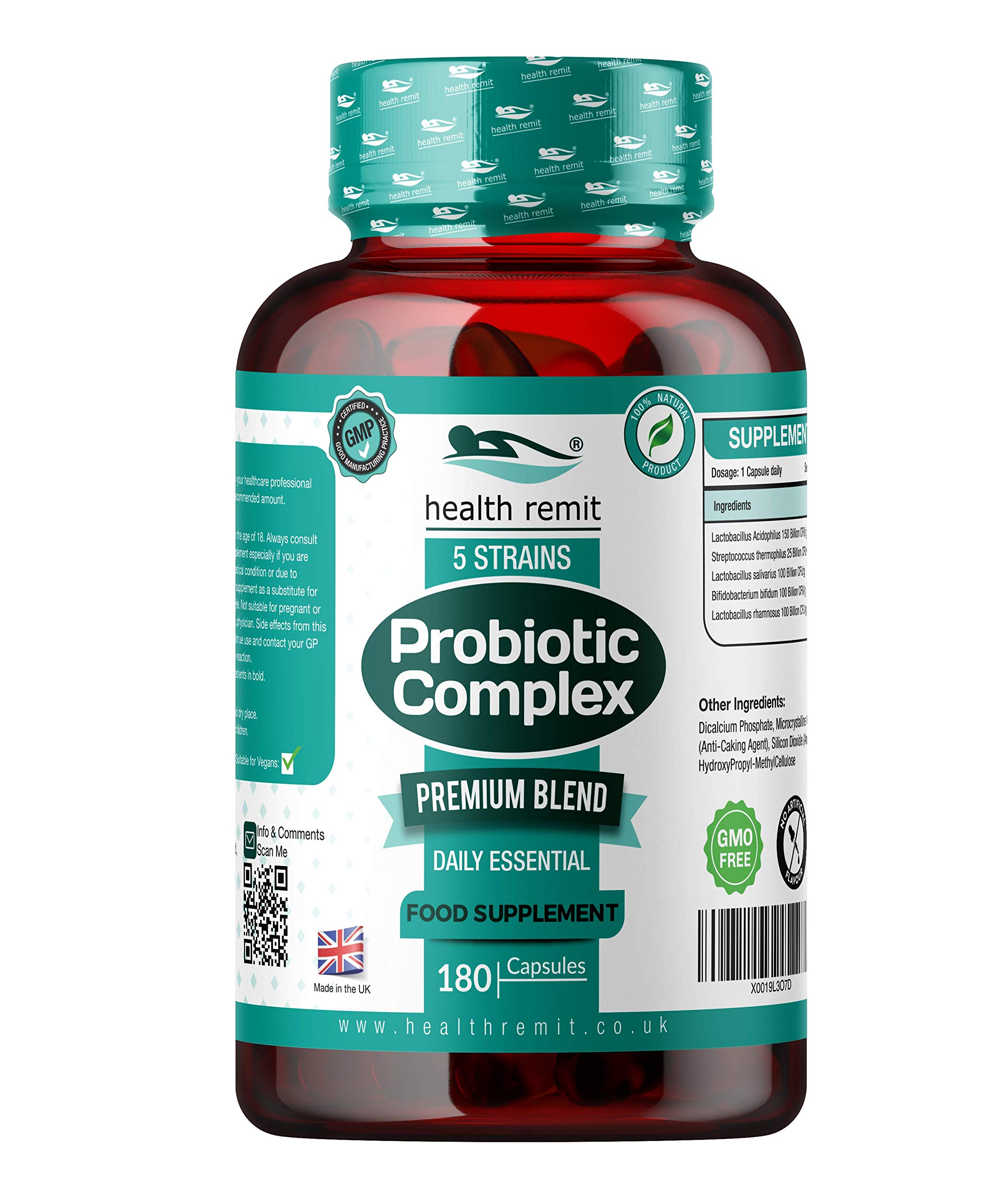 Probiotics Bio Cultures Complex - Multi Billion 5 Strains Premium Sourced Powder with Lactobacillus Acidophilus & Bifidobacterium - 180 Vegan Time Release Capsules - Made in UK by Health Remit