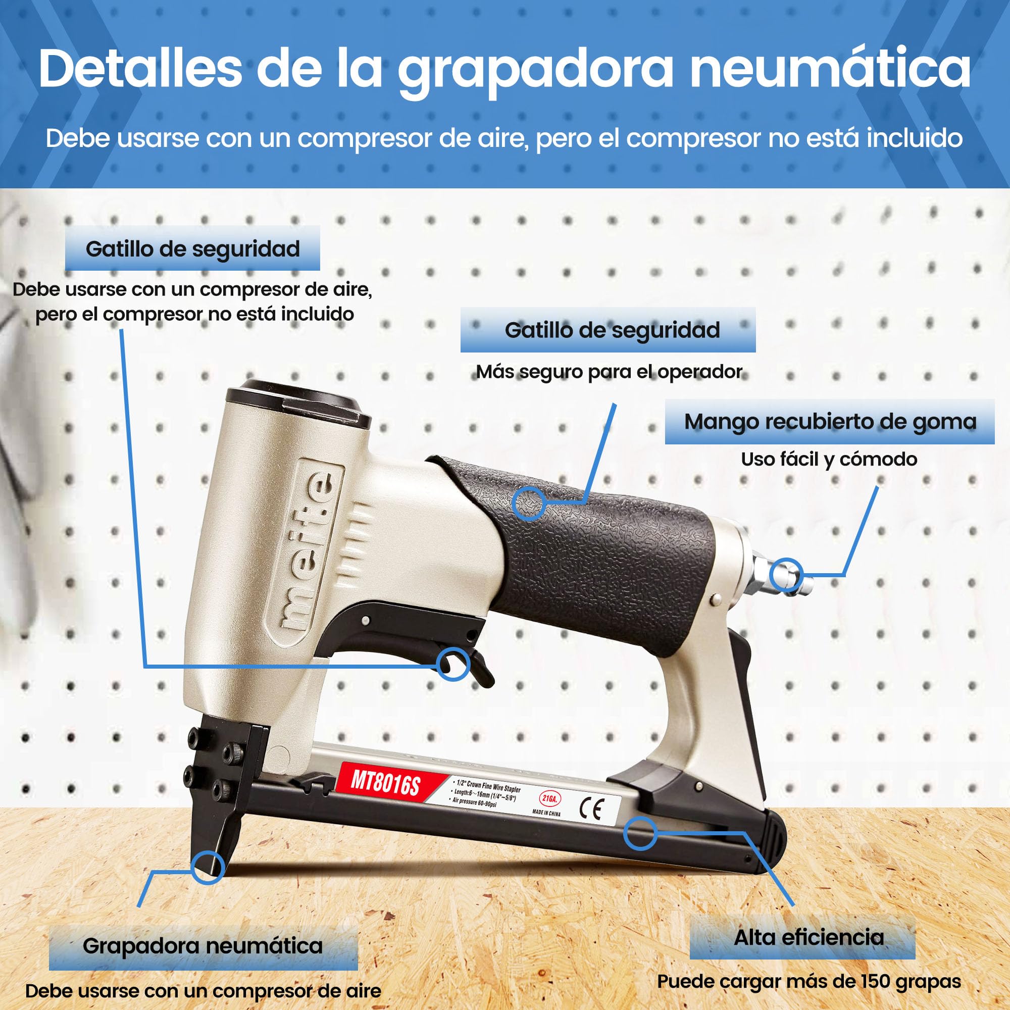 meite Grapadora neumática para tapicería MT8016S con gatillo de seguridad, para grapas calibre 21 de corona de 12 mm, ideal para carpintería, bricolaje y uso profesional, Grapadoras y clavadoras