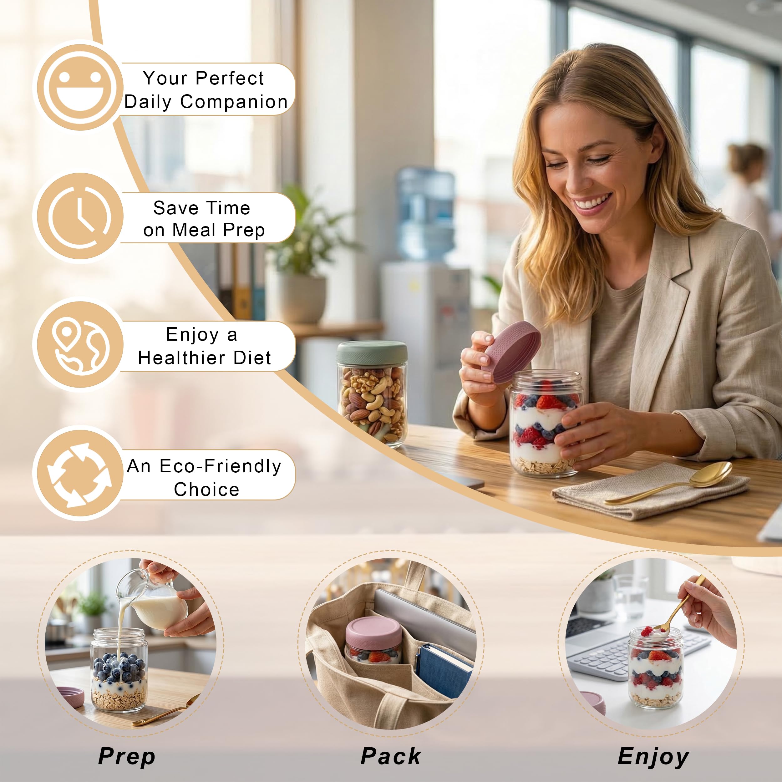 Overnight Oats - 4 bicchieri da 500 ml, a prova di perdite, con tappo a vite e anello in silicone, ideali come contenitore Meal Prep, per yogurt, per cereali, marmellate e alimenti per bambini