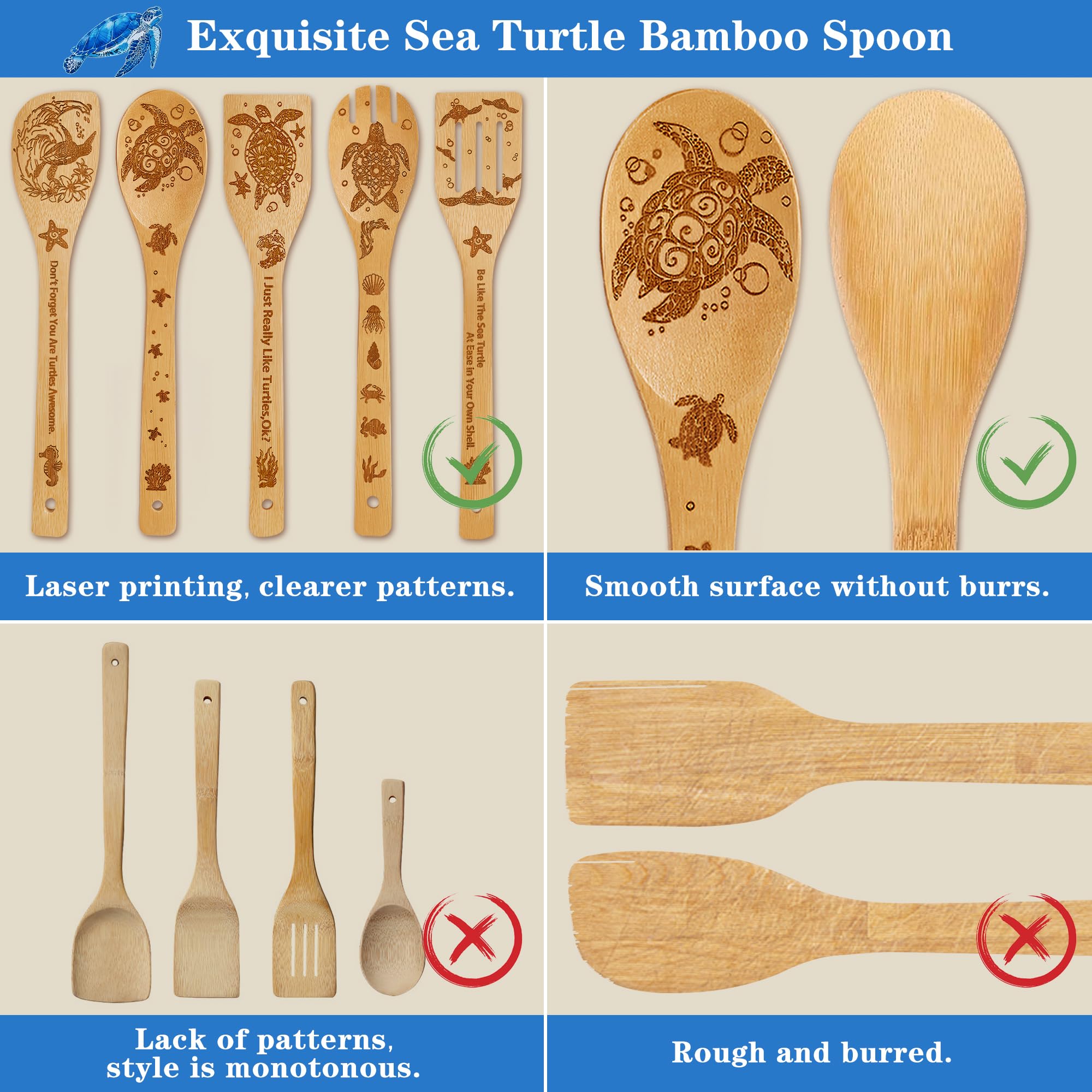 Juego de 6 cucharas de madera de bambú para cocinar (tortuga marina)