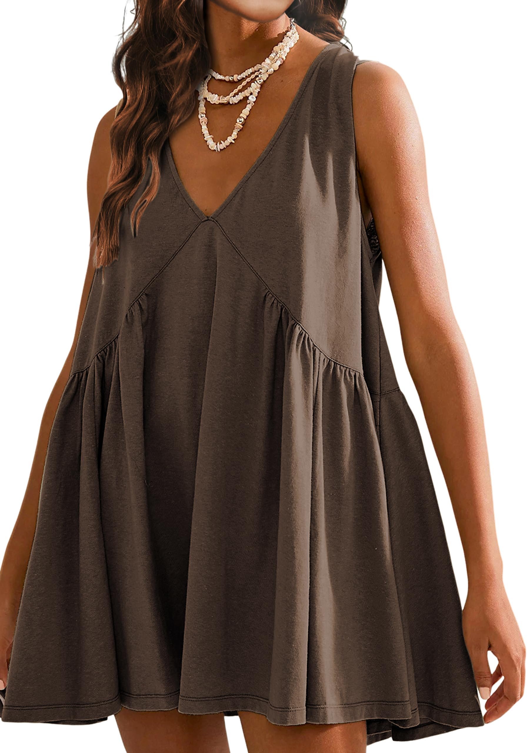 Sleeveless Mini Dress for Women V Neck Sundress Loose Babydoll Dress with Pockets