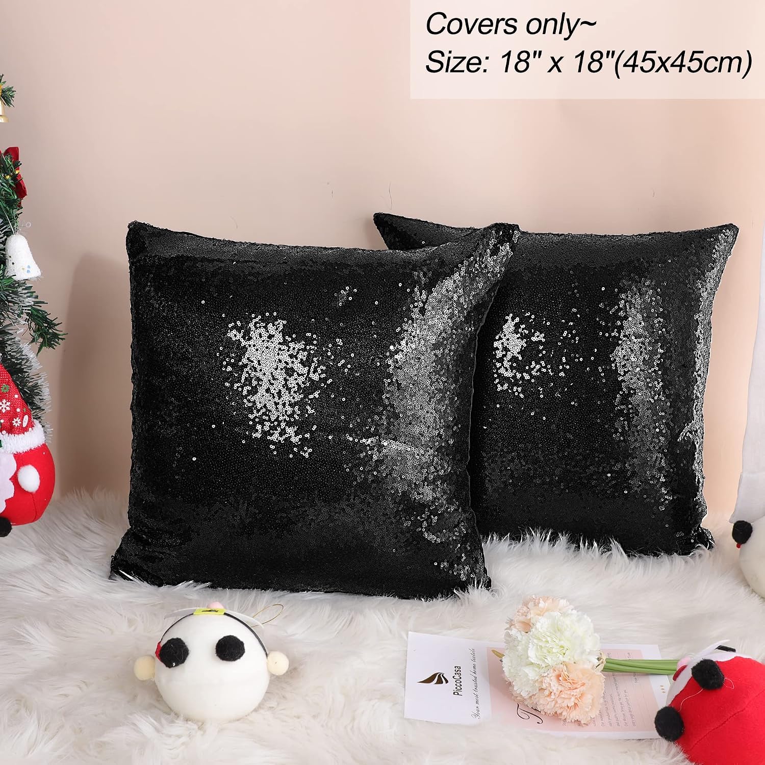 PiccoCasa 2 Pcs Sequin Throw Pillow Covers, 18x18 Inch, Glitzy Decorative Cushion Cover, Shiny Sparkling Satin Square Pillowcase Cover for Livingroom Decor Wedding Party, Black