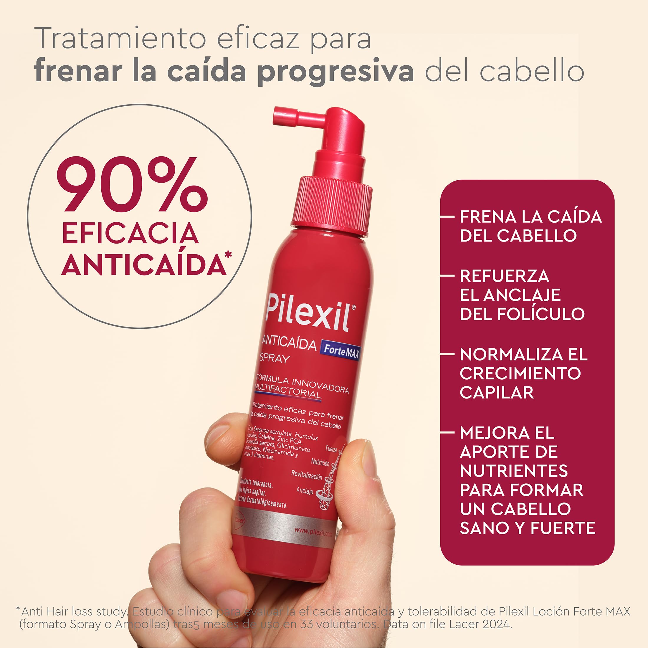 PILEXIL FORTE MAX - Spray Anticaída 120 ml, Tratamiento Uso Tópico para Caída Progresiva del Cabello - Con 4 Complejos, 5 Alfa, Nutricional, Antioxidante y Revitalizante - Para Hombres y Mujeres