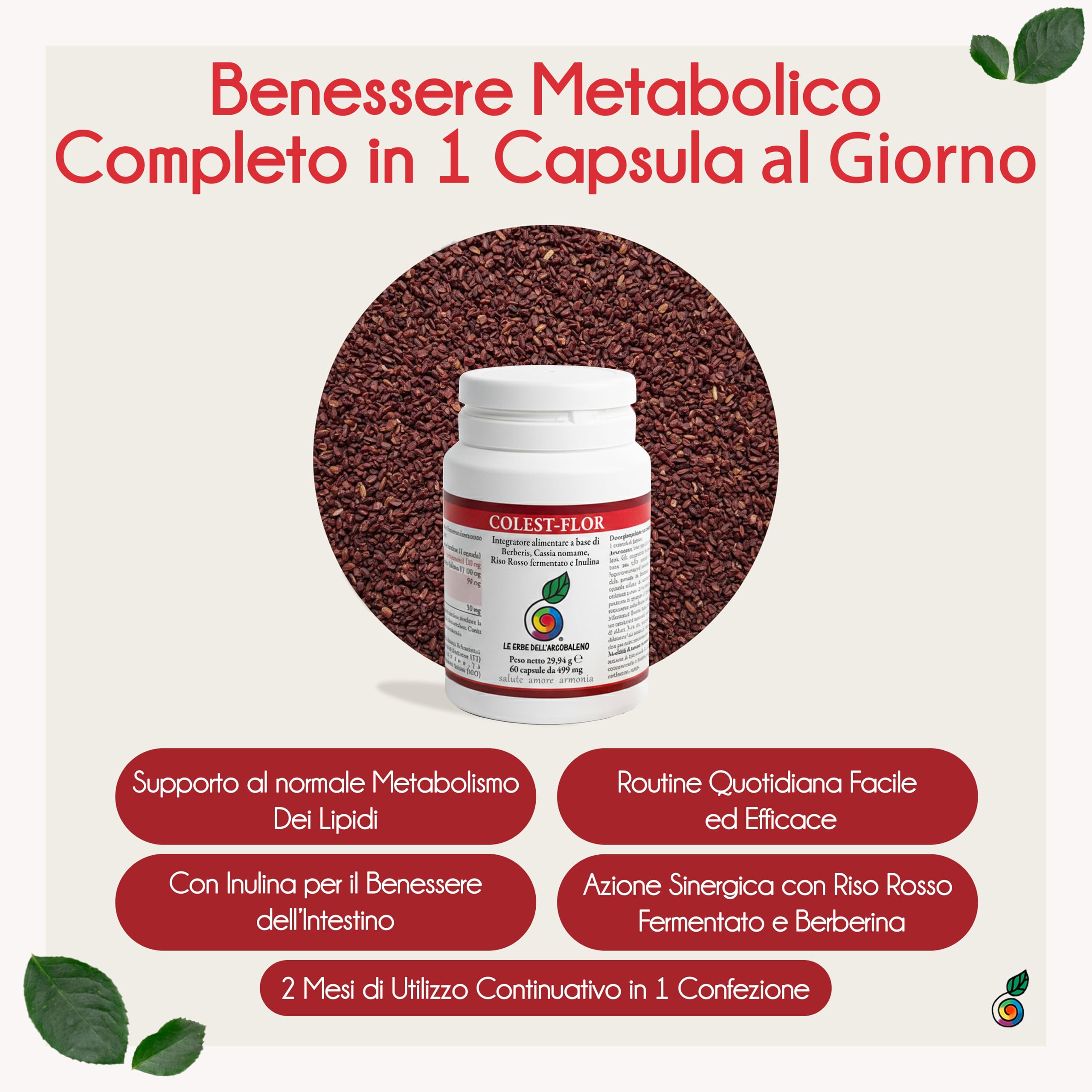 COLEST FLOR | Integratore con Riso Rosso Fermentato Colesterolo (Monacolina K 3%) + Berberina + Cassia Noname + Inulina | Supporto al Normale Metabolismo dei Lipidi | 60 Capsule | Made in Italy