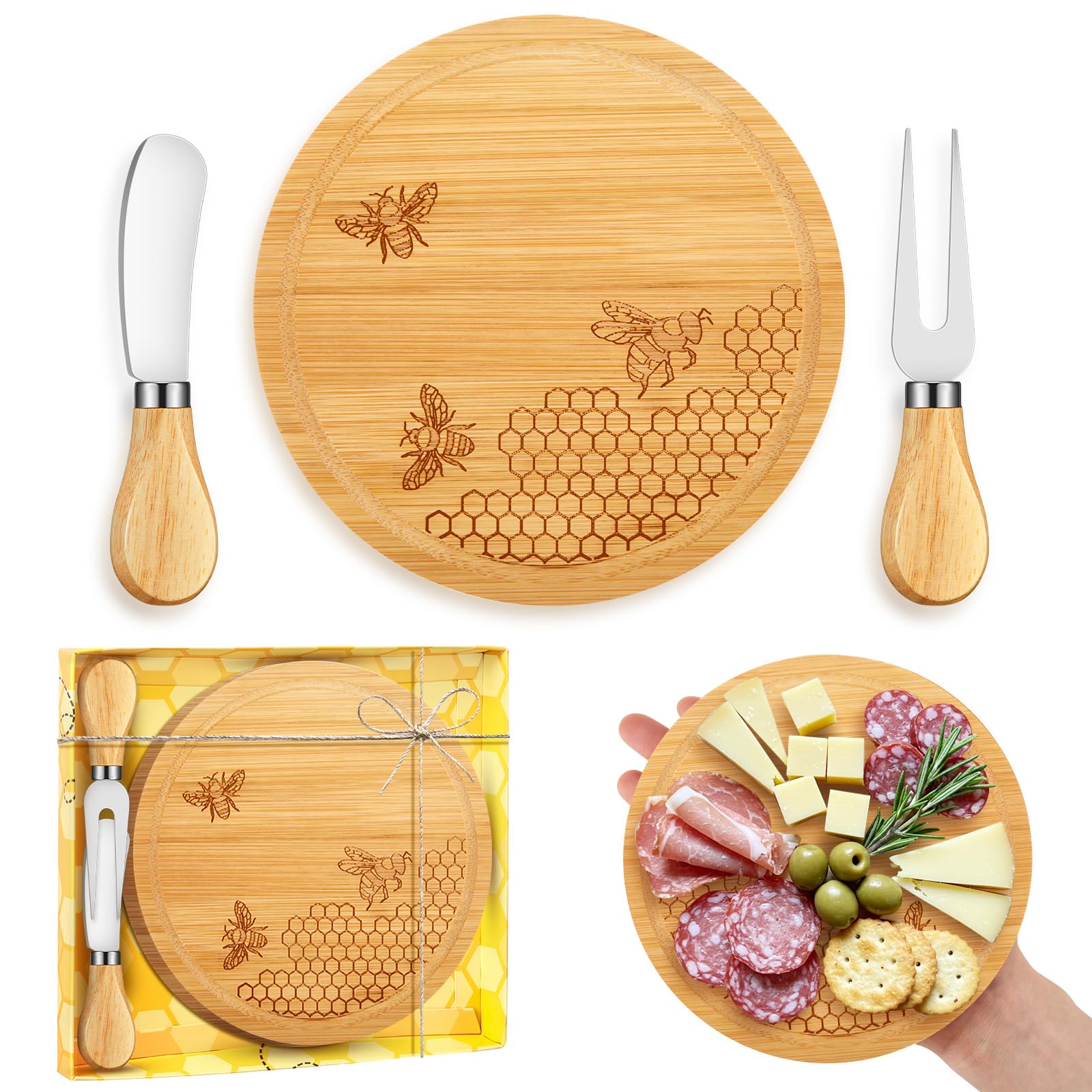 1 Set Bridal Baby Shower Prizes for Winners Honey Bee Cheese Board Party Gifts with Cheese Knive and Forks Box for Bee Baby Shower Themed Birthday Wedding Favors (Round)