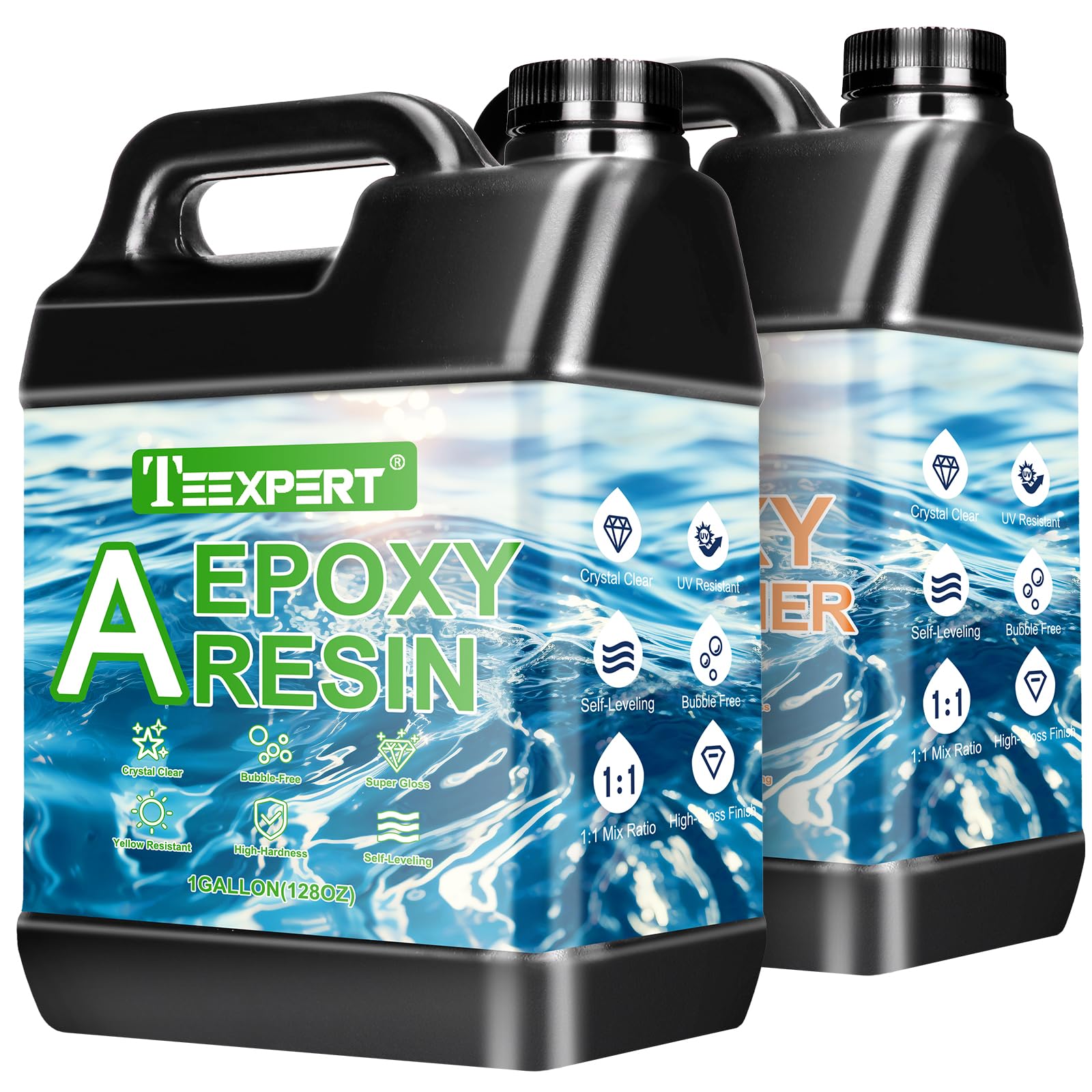 Teexpert 2 Gallone Hochglanz Epoxidharz Set, Klares Selbstnivellierendes Blasenfreies Epoxy Resin, 1:1 Mischung Epoxidharz mit Härter für Schmuck, Formen, Wohnkultur, Untersetzer, Ornamente