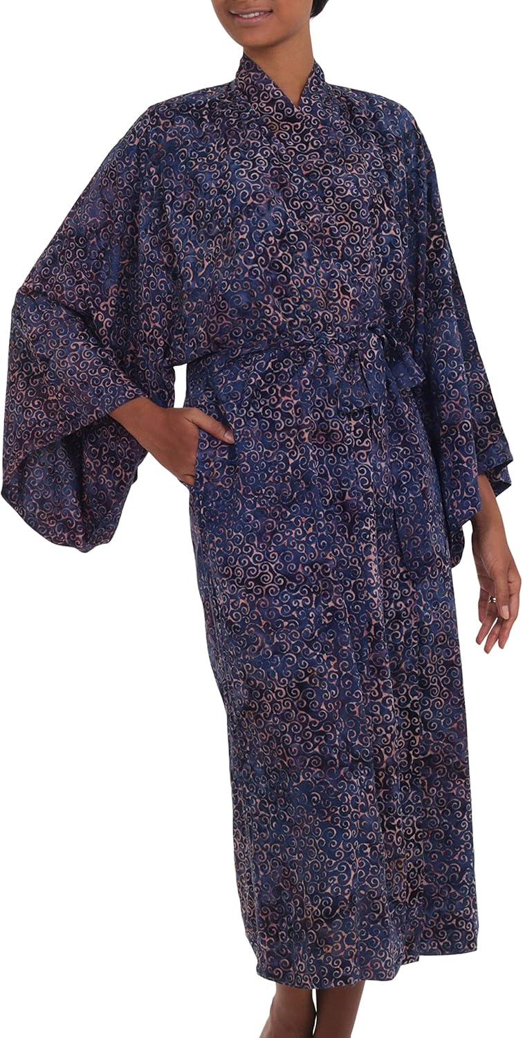 NOVICA Blue Pink Batik Loungewear Robes 'Bewildering Maze' : Clothing, Shoes & Jewelry