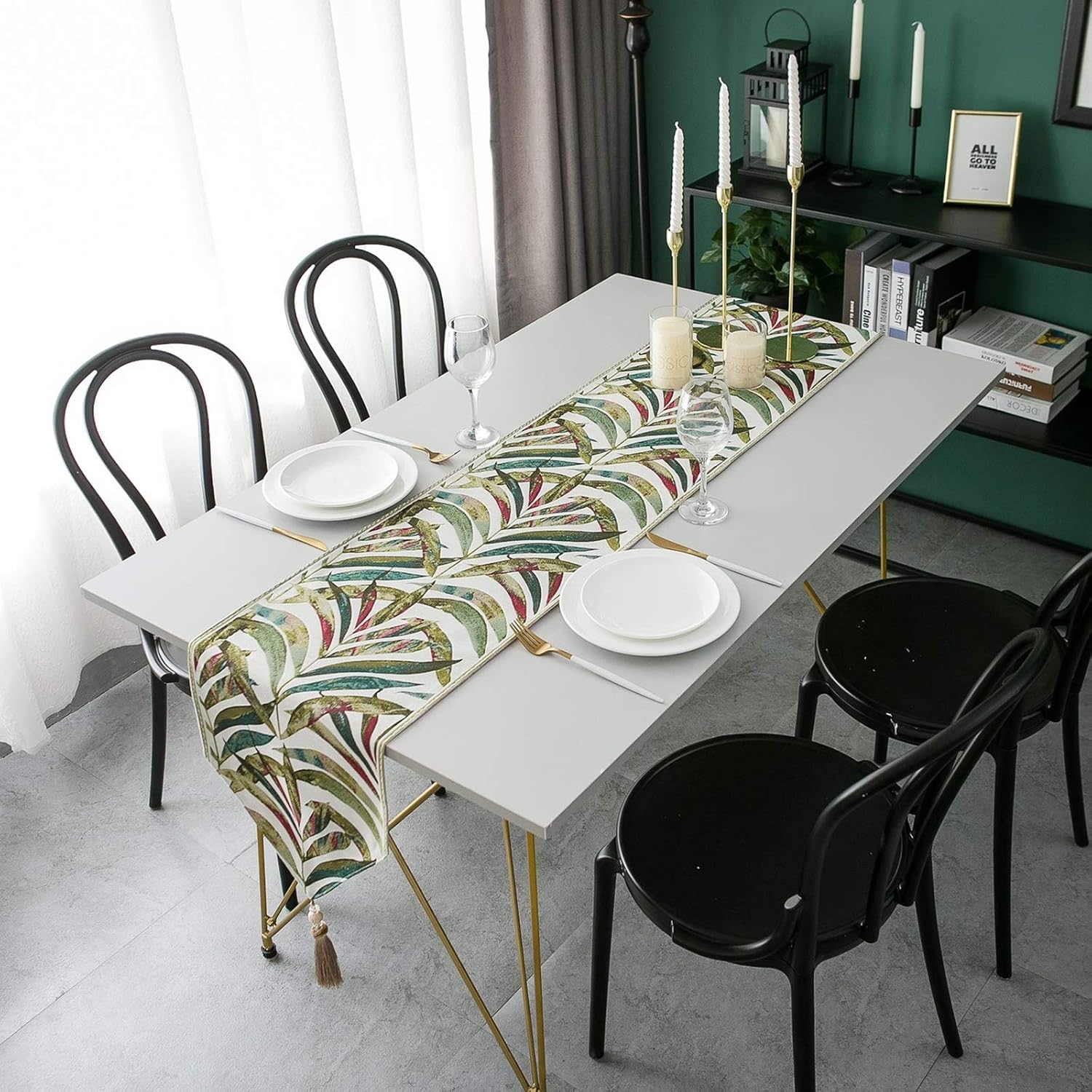 Decorative Table Runner,32x140CM,Leaves Printed Autumn Table Runner Polyester,Table Runners Green
