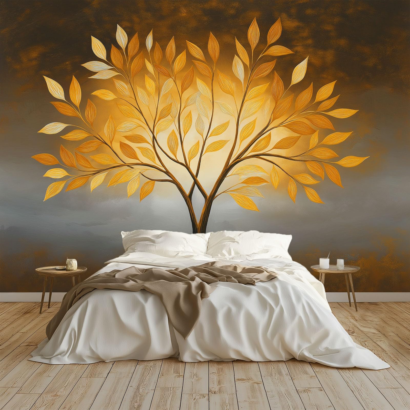 Generisch Tapeta panoramiczna 3D 350 x 256 cm (szer. x wys.), do salonu, sypialni, żółta, odporna na promieniowanie UV, tapeta z włókniny na ścianę - minimalizm, ręcznie malowana tapeta z wzorem drzew