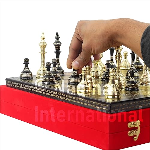 Miniatura 3 de Ajedrez de latón macizo de 13 pulgadas con estuche de almacenamiento - (negro y dorado)