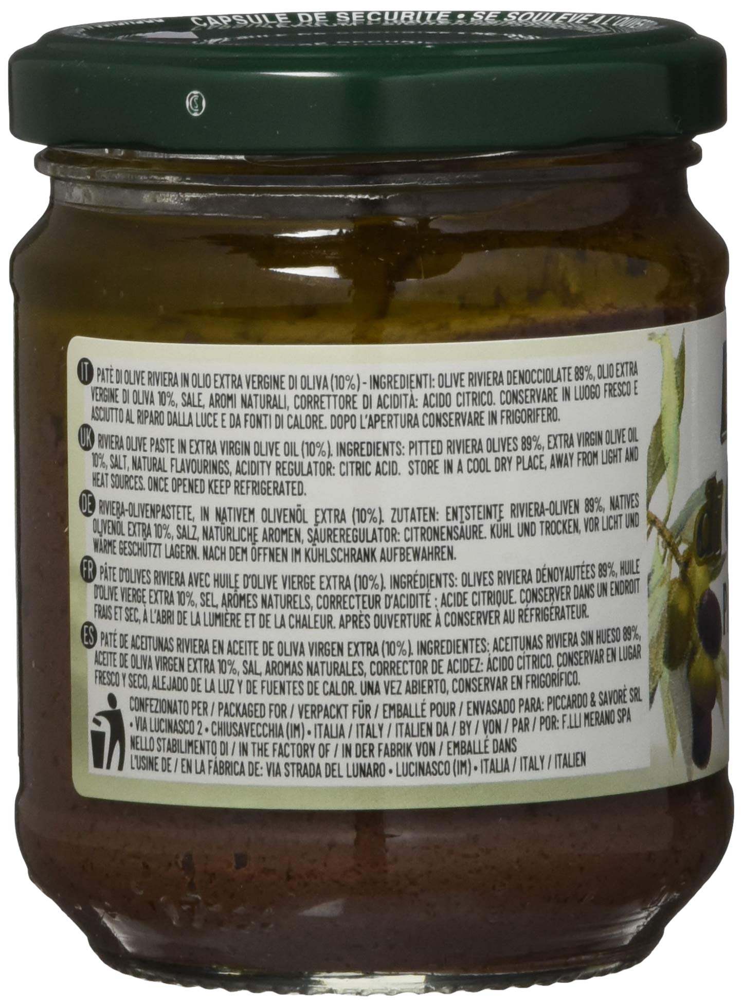 Le Terre di Colombo Pasta de Aceitunas, Riviera en Aceite de Oliva Virgen Extra 10 %, Tarros de 212 Ml Lote de 6