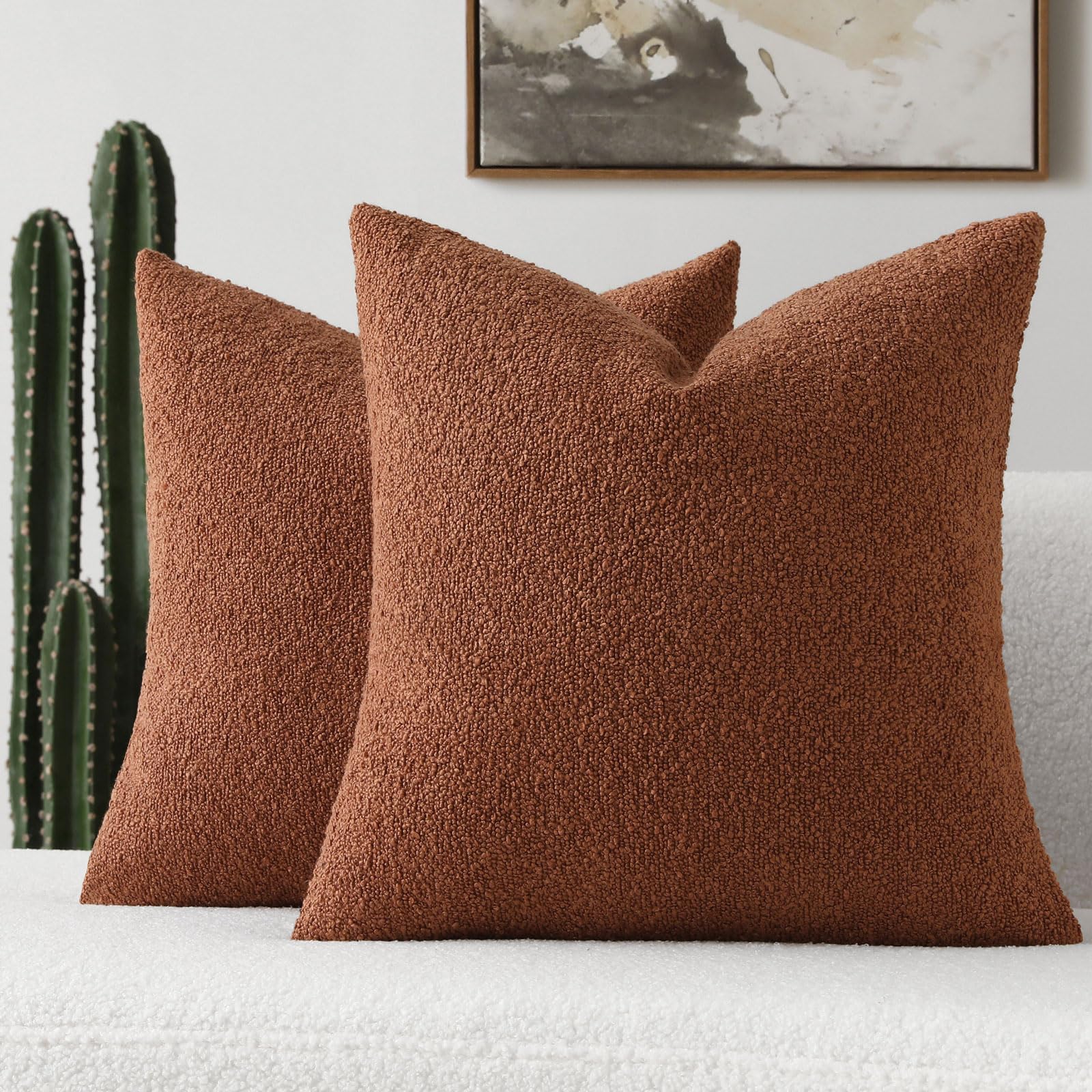 FUTEI Pack of 2 Rust Decorative Throw Pillow Covers 22x22 Inch Soft Cozy Solid Boucle Textured Cushion Case,Modern Home Decor for Couch Bed Living