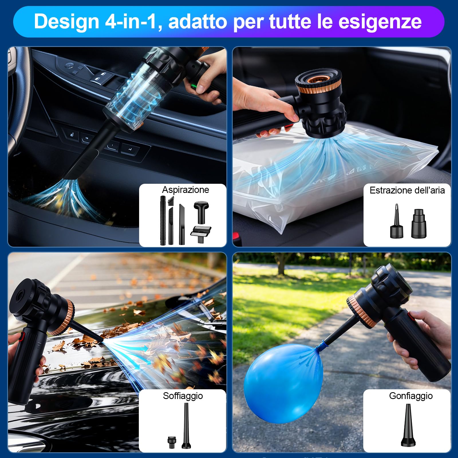 28000Pa Aspirapolvere Auto Potente, 4-in-1 Aspirabriciole Senza Fili | Portatile con Motore Senza Spazzole, Aspira Briciole con 3 Livelli di Velocità & One-Touch Dust Dump per Auto/Camper