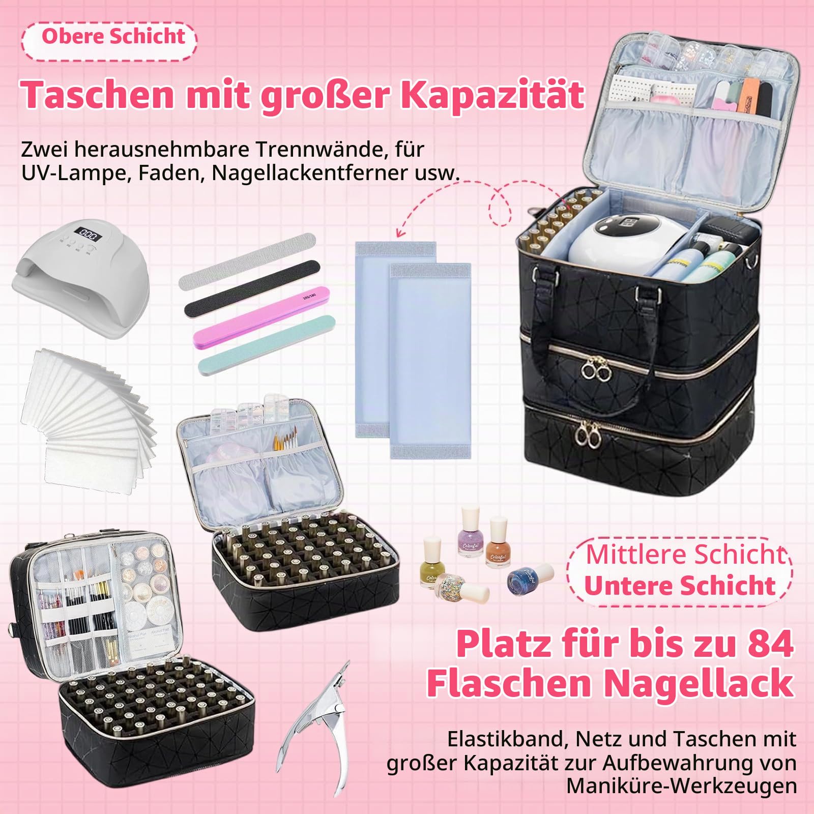 3-Tier Nagellack Aufbewahrung Organizer für 84 Flaschen mit LED Fach