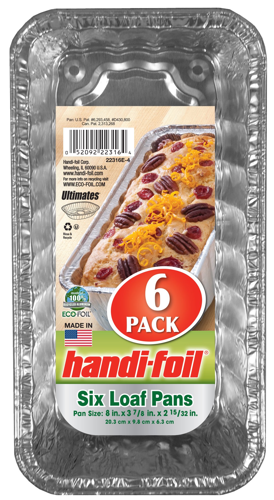 Handi-Foil 22316.010 2 lb. Loaf Pans, 2.46" Height, 3.87" Width, 8" Length, 6 Count, Silver