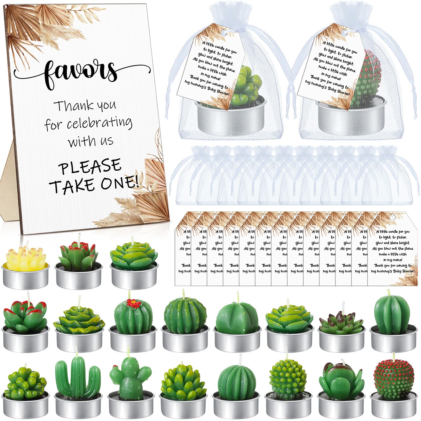 MTLEE Set di 36 candele a forma di cactus succulente, bomboniere per baby shower, per gli ospiti, include 36 candele tealight per piante, 36 etichette di ringraziamento, 36 sacchetti di organza,