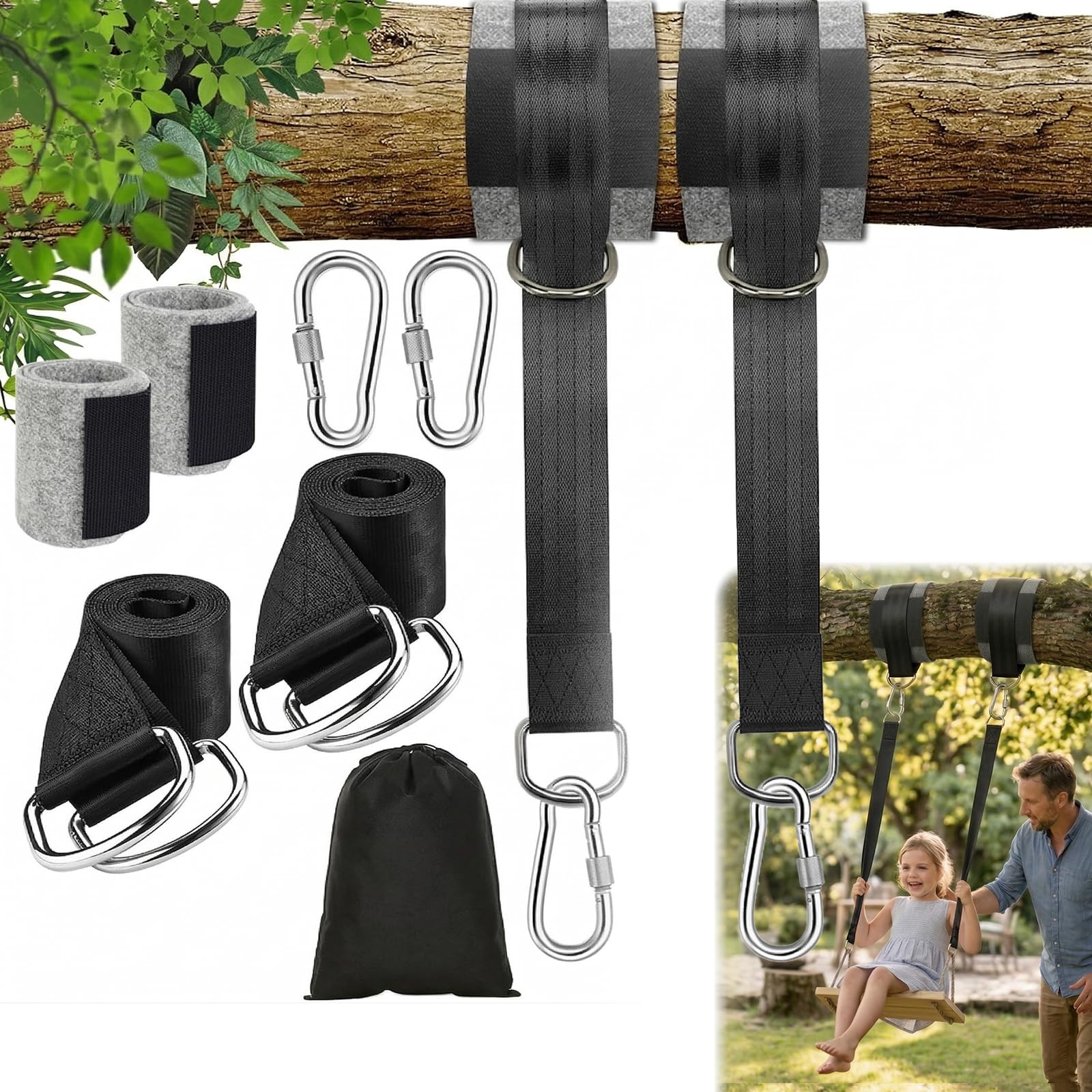 Kit di Montaggio per Altalene e Amache 900 kg Set Completo da 2 Pezzi con Cinghie da 150 cm, Anelli a D, Moschettoni, Protezioni per Alberi e Sacca di Trasporto Uso Universale per Giardino ed Esterni