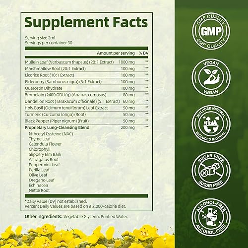 Miniatura 2 de Gotas de gordolobo para pulmones, limpieza y desintoxicación pulmonar, apoyo respiratorio, extracto de hoja de gordolobo con tomillo, saúco, NAC,