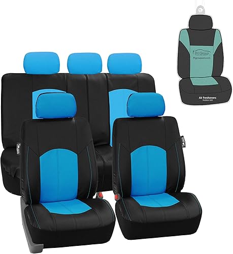 FH Group Juego completo de fundas de asiento de automóvil de piel sintética de excelente calidad, color azul, accesorios interiores de ajuste