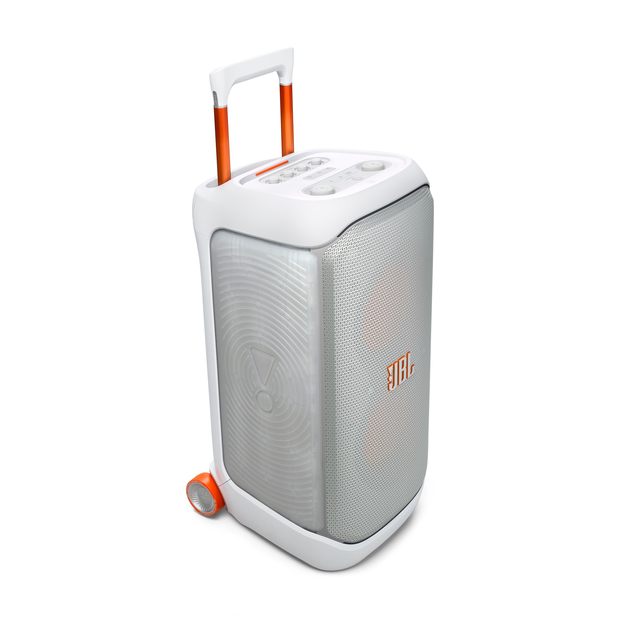 JBL PartyBox Stage 320 Portable Bluetooth Speaker, 240W, 5.4 Bluetooth, 18 Hours Max Playing Time, Splash Proof, Dual Mic & Guitar Inputs, Multi Speaker Connection, With Wheels, White