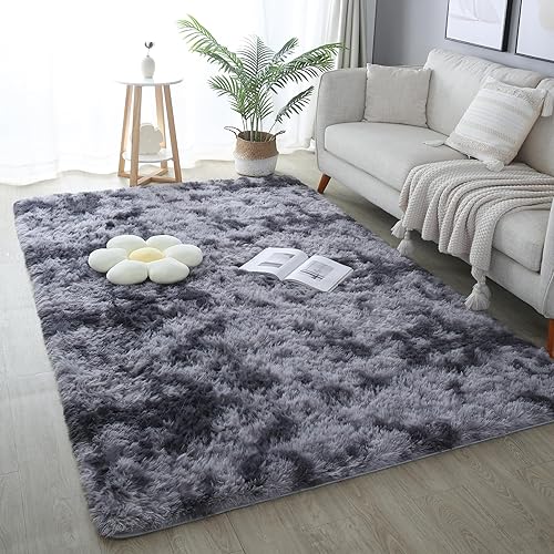 KCHOWUA - Alfombra de 6 x 9 pies para sala de estar, alfombra mullida teñida con teñido anudado gris oscuro para dormitorio, alfombra lavable de