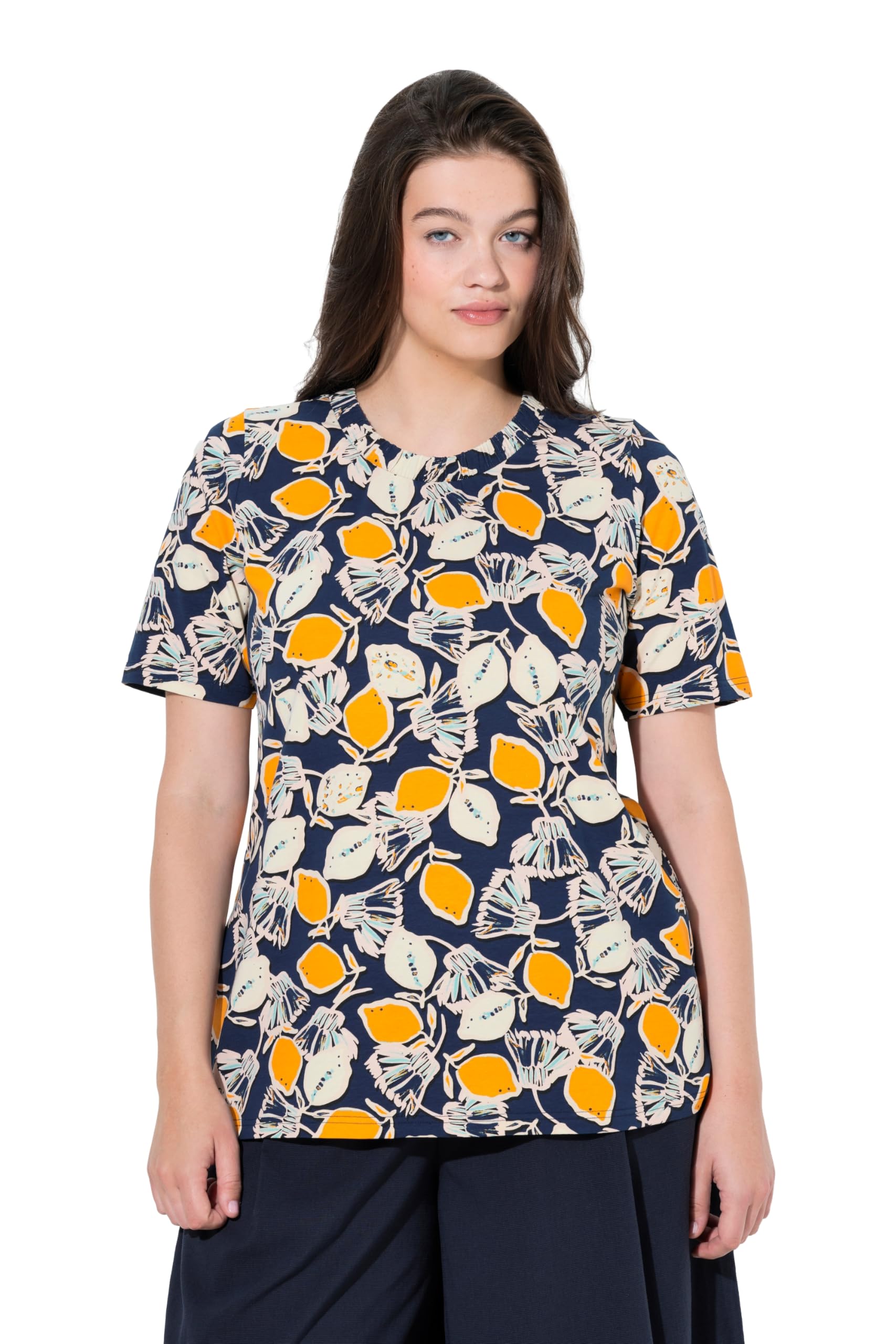 Ulla Popken Damen große Größen Übergrößen Plus Size T-Shirt, Zitronen, Rundhals, Halbarm, Biobaumwolle 846163