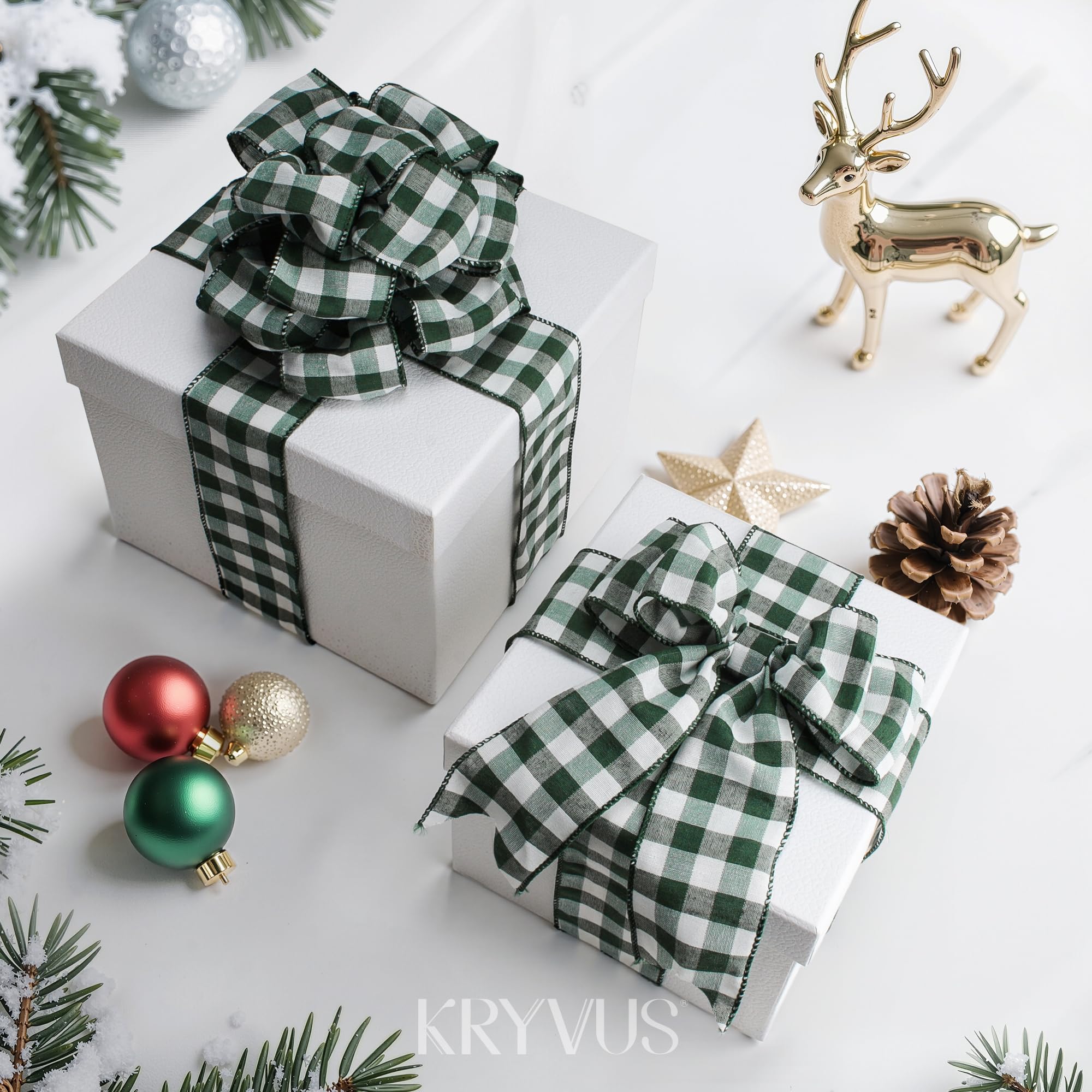 Kryvus Buffalo Plaid Christmas Ribbon, 64MM x 9M Buffalo Ribbon with Wired Edge, Perfect for Gift Wrapping Wreath - Image 2