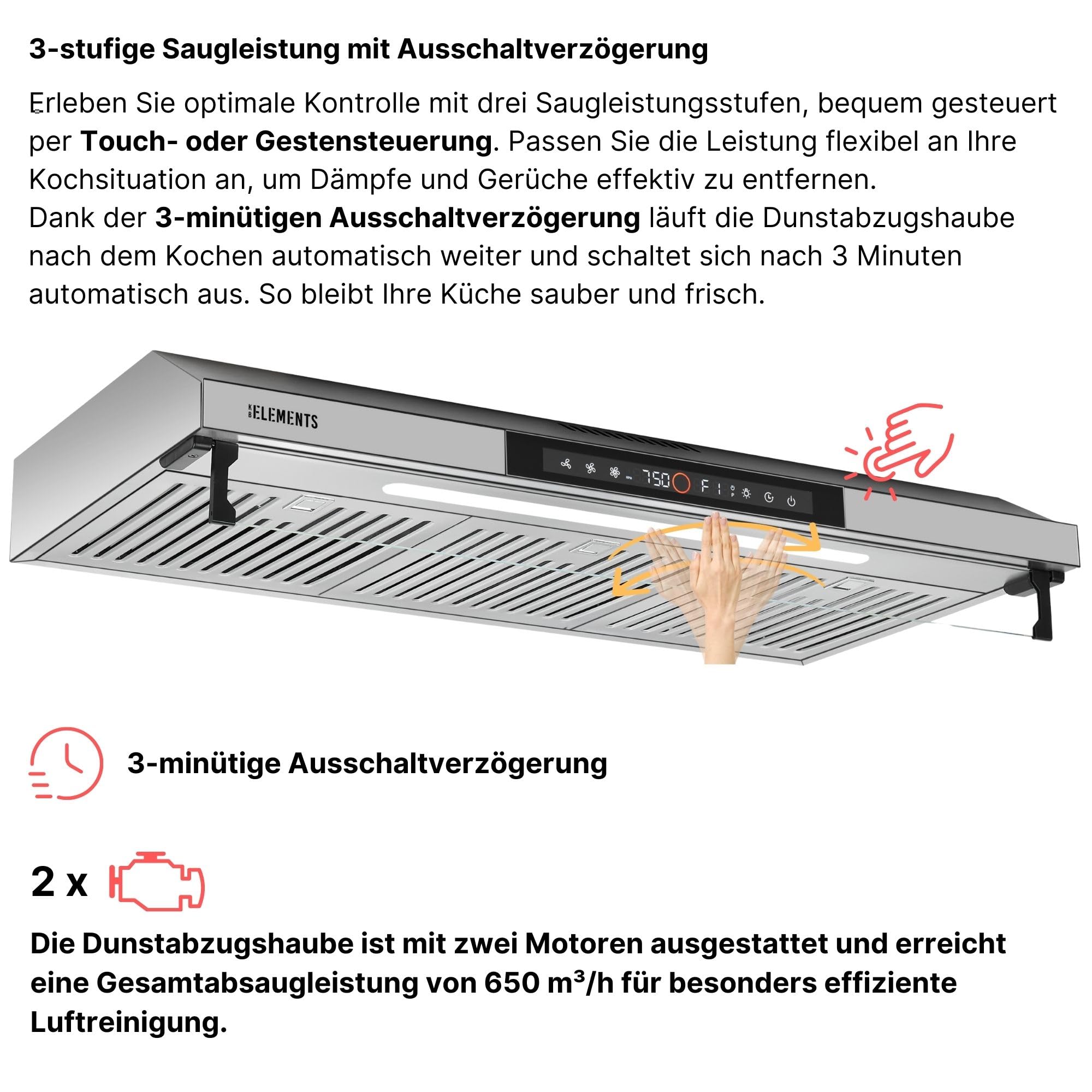 Dunstabzugshaube 90cm Umluft Abluft 650m³/h starke Saugleistung Doppelter Motor Touch-Gestensteuerung
