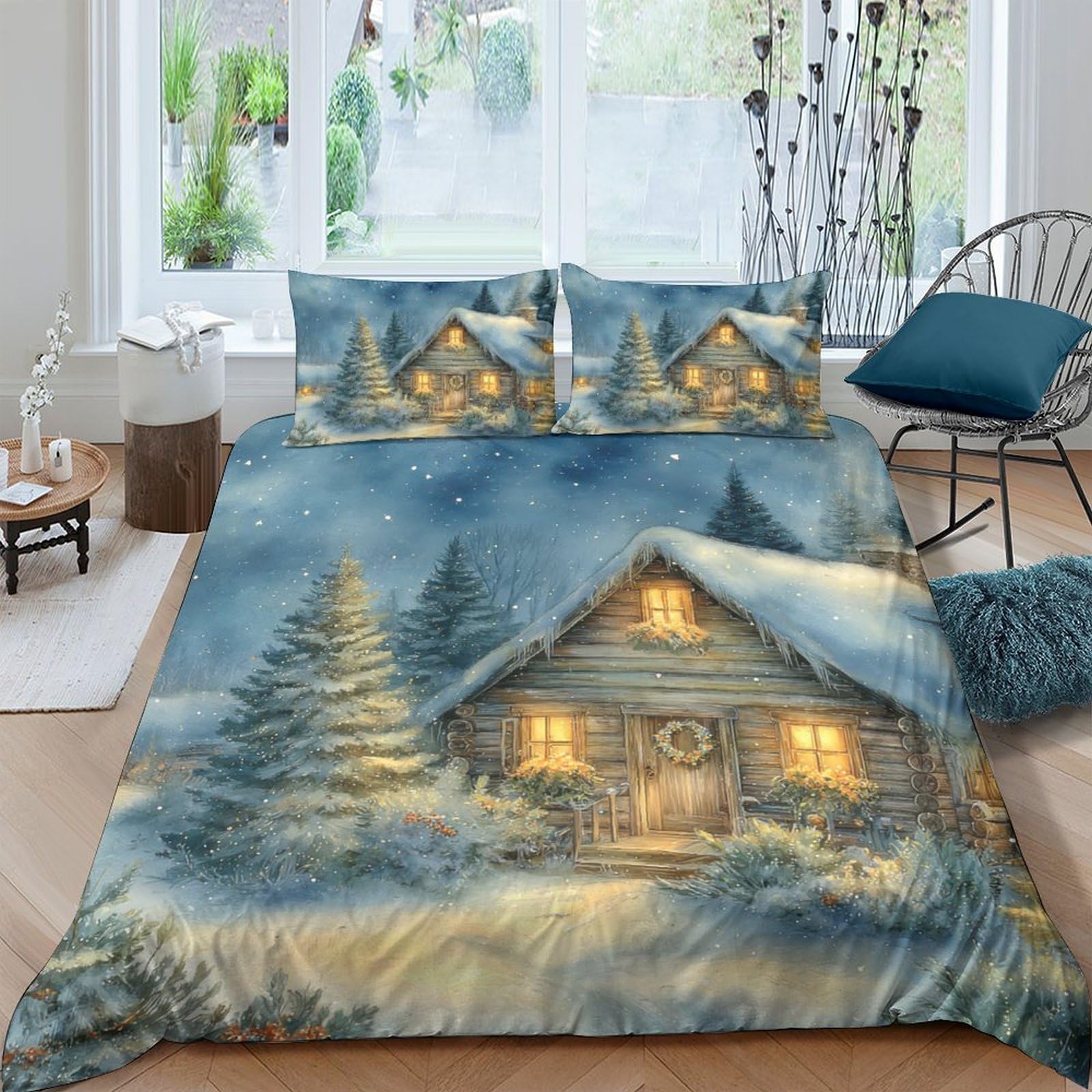 Ctjqhvkz Style-5 3D Printed Winter Cabin Fitted Sheet Microfiber Soft Blue Snow Forest Mattress Cover For Bedroom Guest Room Decor Single（135X200cm）