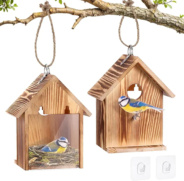 2PCS Window Bird Houses for Outside, Wooden Birdhouses with 2 Powerful Hooks Hanging Bird House Outdoors Viewing Window Birdhouses Garden Patio Decor for Swallow Sparrow Hummingbird Finch Cardinals