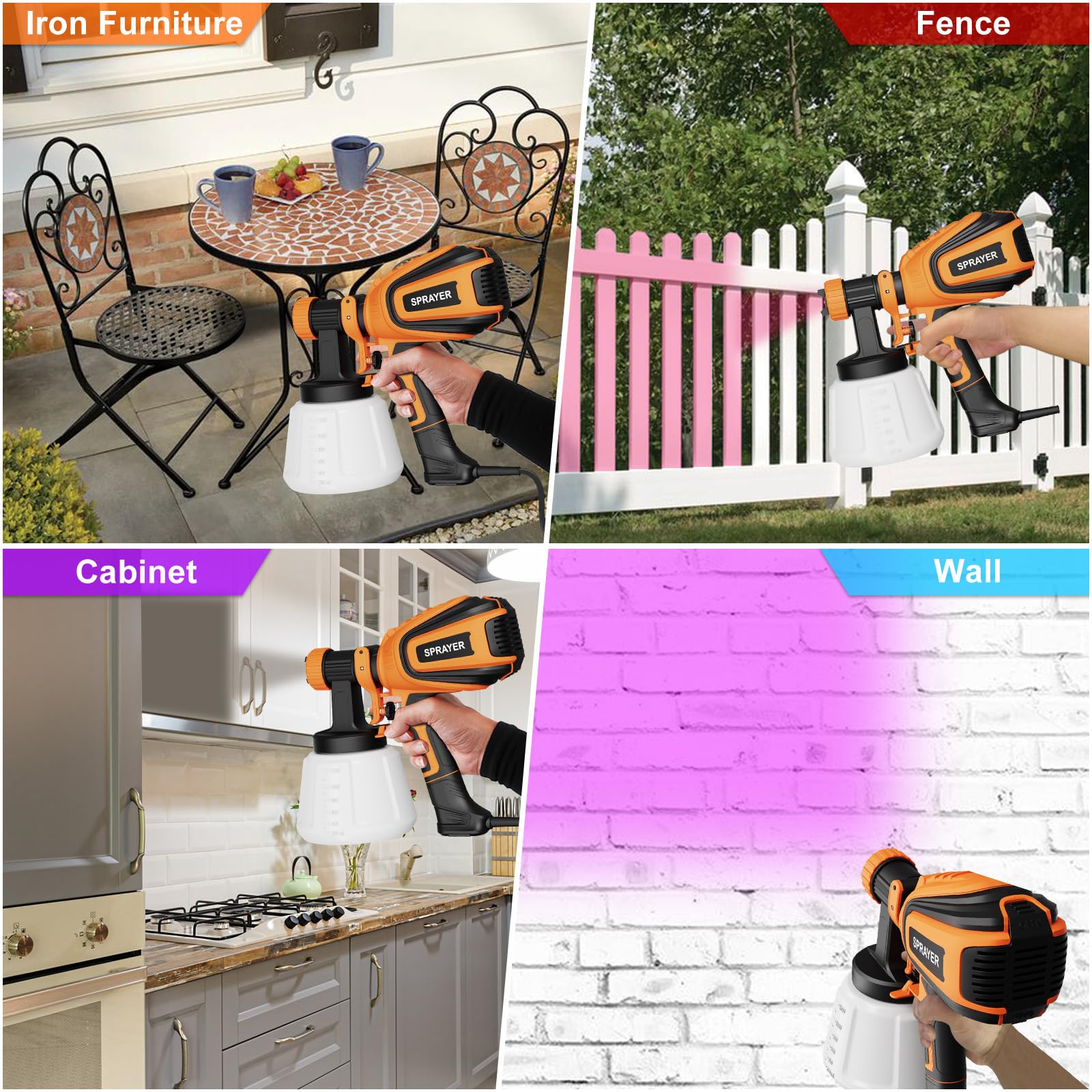 VONFORN Paint Sprayer, 700W HVLP Spray Gun with Cleaning & Blowing Joints, 4 Nozzles and 3 Patterns, Easy to Clean, for Furniture, Cabinets, Fence, Walls, Door, Garden Chairs etc. VF803 Orange