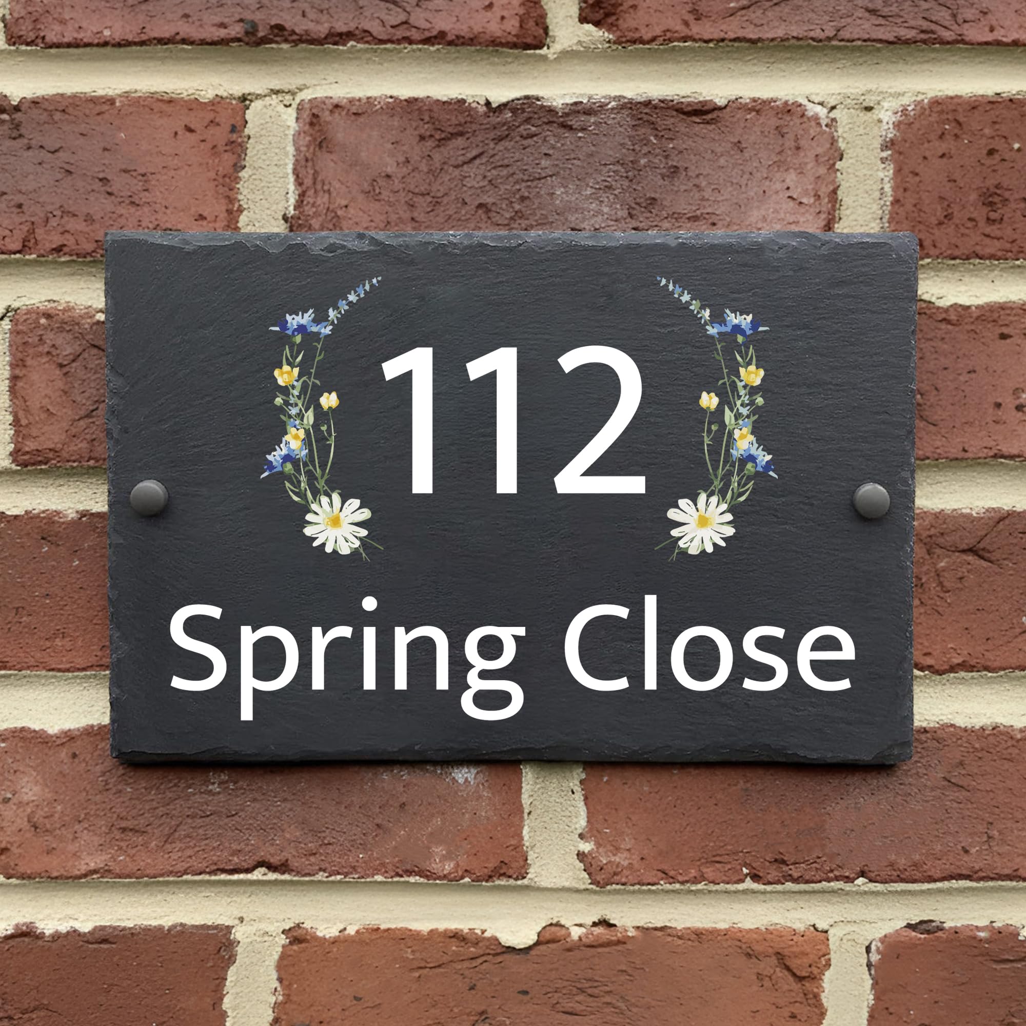Rustic Slate House Sign, Custom Door Number Wall Plaque with Natural Farmhouse Floral Design, Includes Screws & Fixings