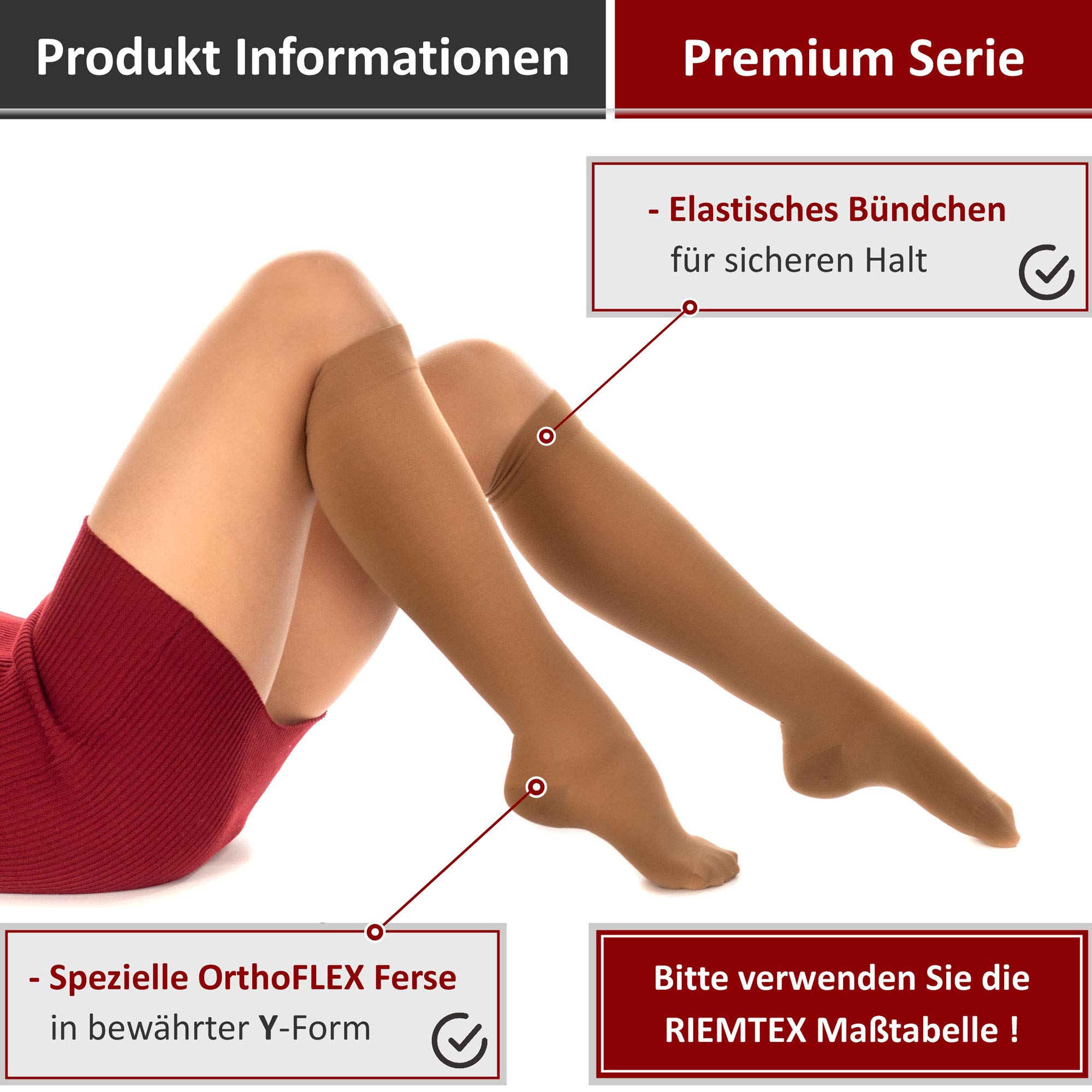 RIEMTEX medizinische Kompressionsstrümpfe Klasse 2 CCL2 23-32 mmHg Wadenstrümpfe für Damen Geschlossene Spitze PREMIUM Serie 3211a (Größe 2, Caramell)