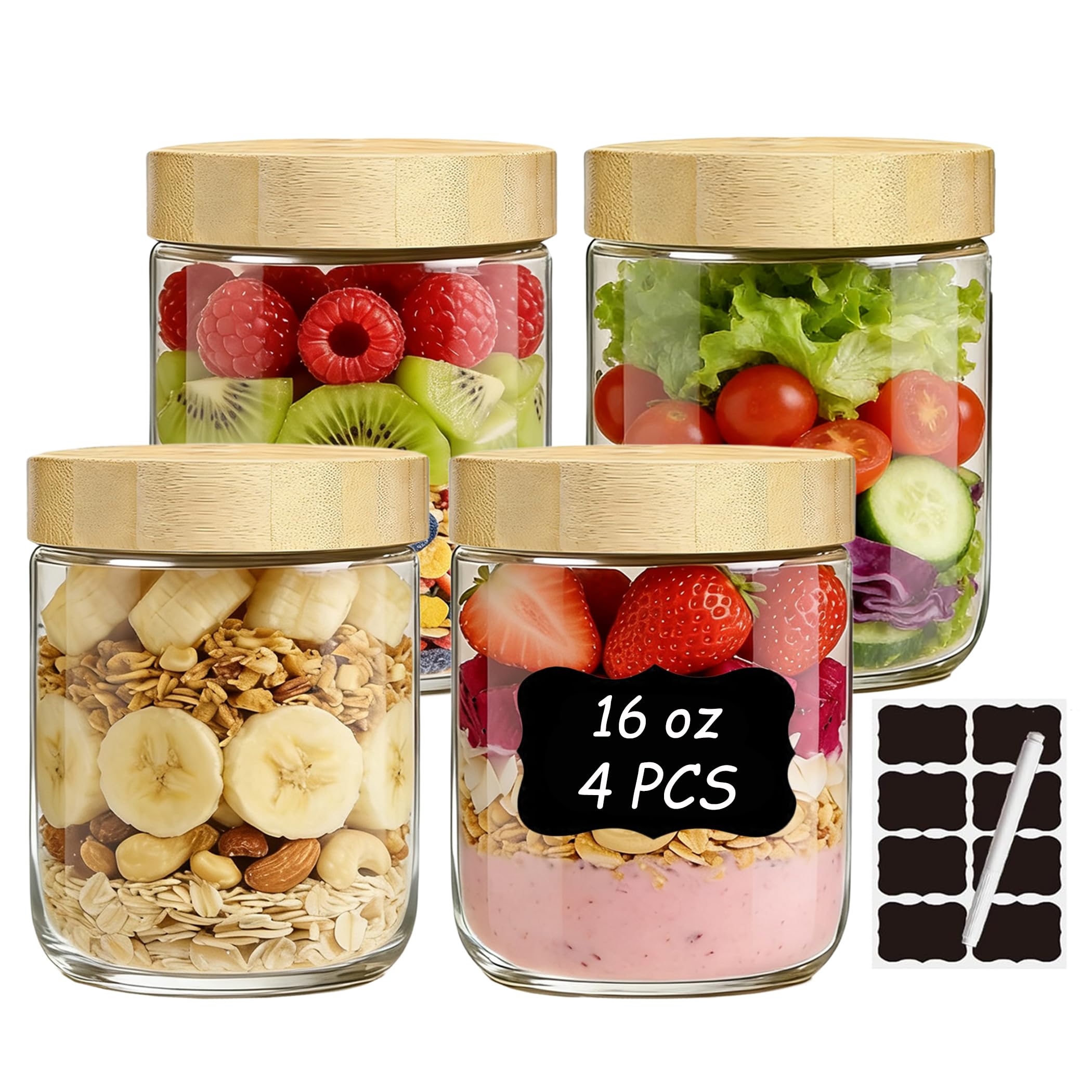 twoant Overnight Oats jar 4 Pack 16oz,Wide Mouth Mason glass Jar with bamboo Screw Lid for Meal Prep Fruit Vegetable Yogurt Oatmeal Salad,Clear Storage Containers for Snacks Spice Sugar